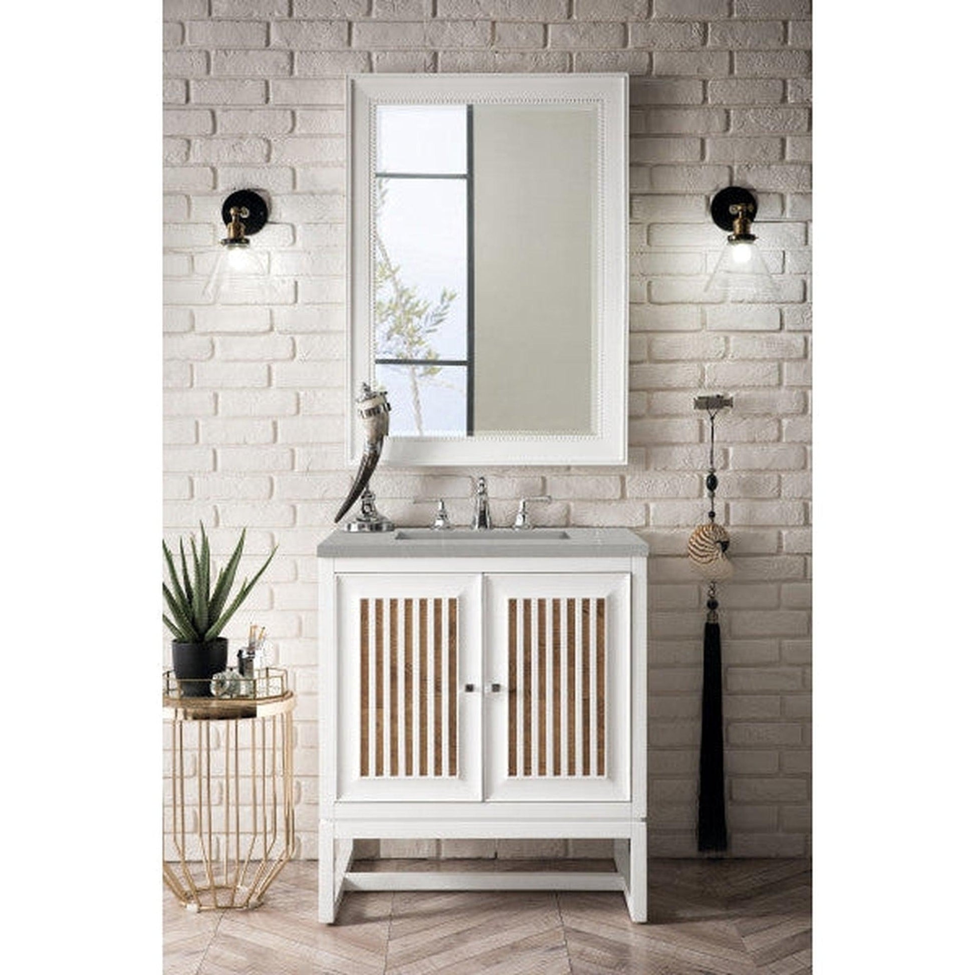 James Martin Athens 30" Single Glossy White Bathroom Vanity With 1" Eternal Serena Quartz Top and Rectangular Ceramic Sink