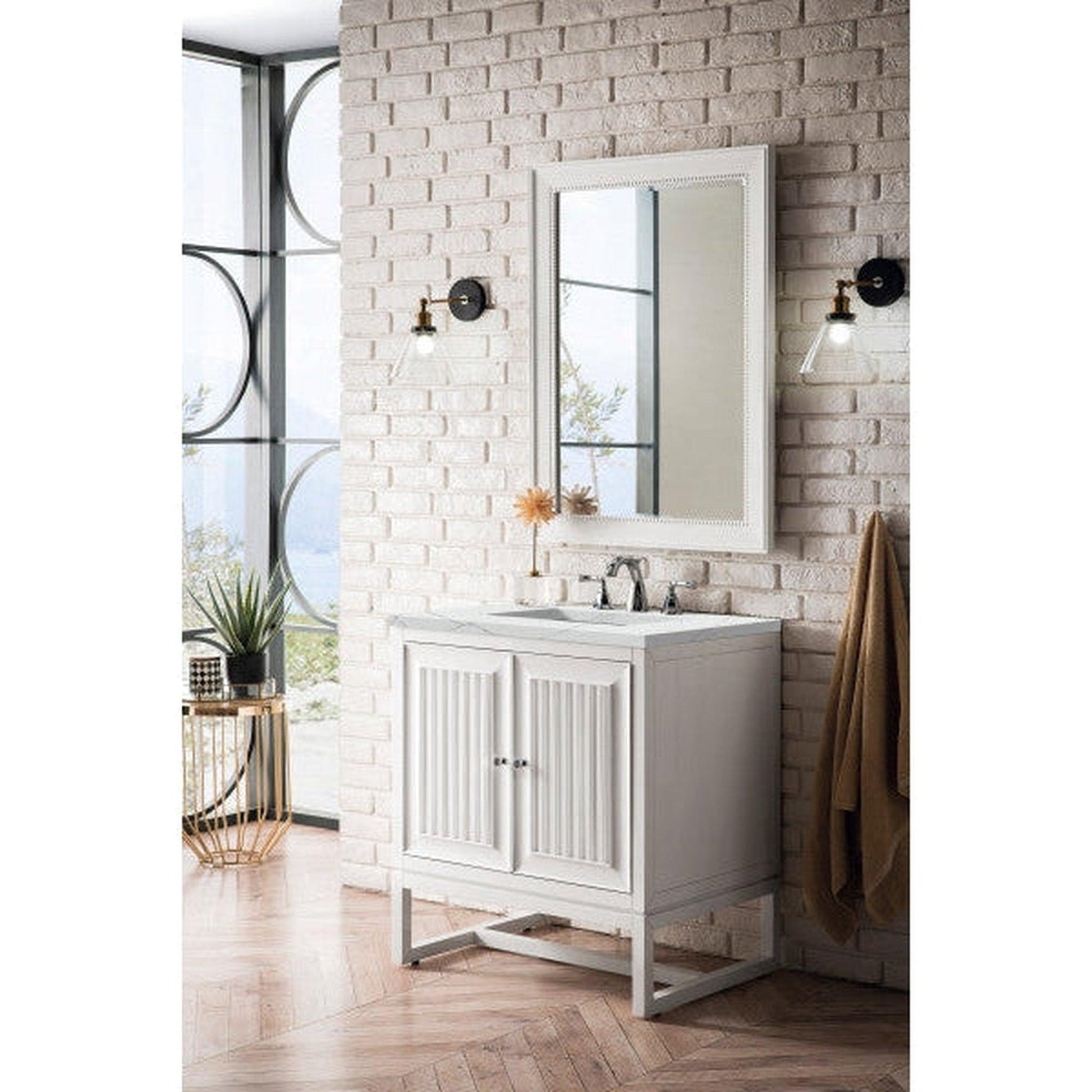 James Martin Athens 30" Single Glossy White Bathroom Vanity With 1" Ethereal Noctis Quartz Top and Rectangular Ceramic Sink