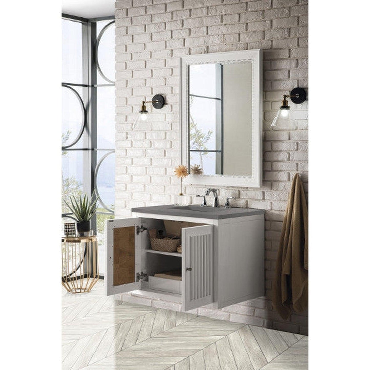 James Martin Athens 30" Single Glossy White Bathroom Vanity With 1" Gray Expo Quartz Top and Rectangular Ceramic Sink