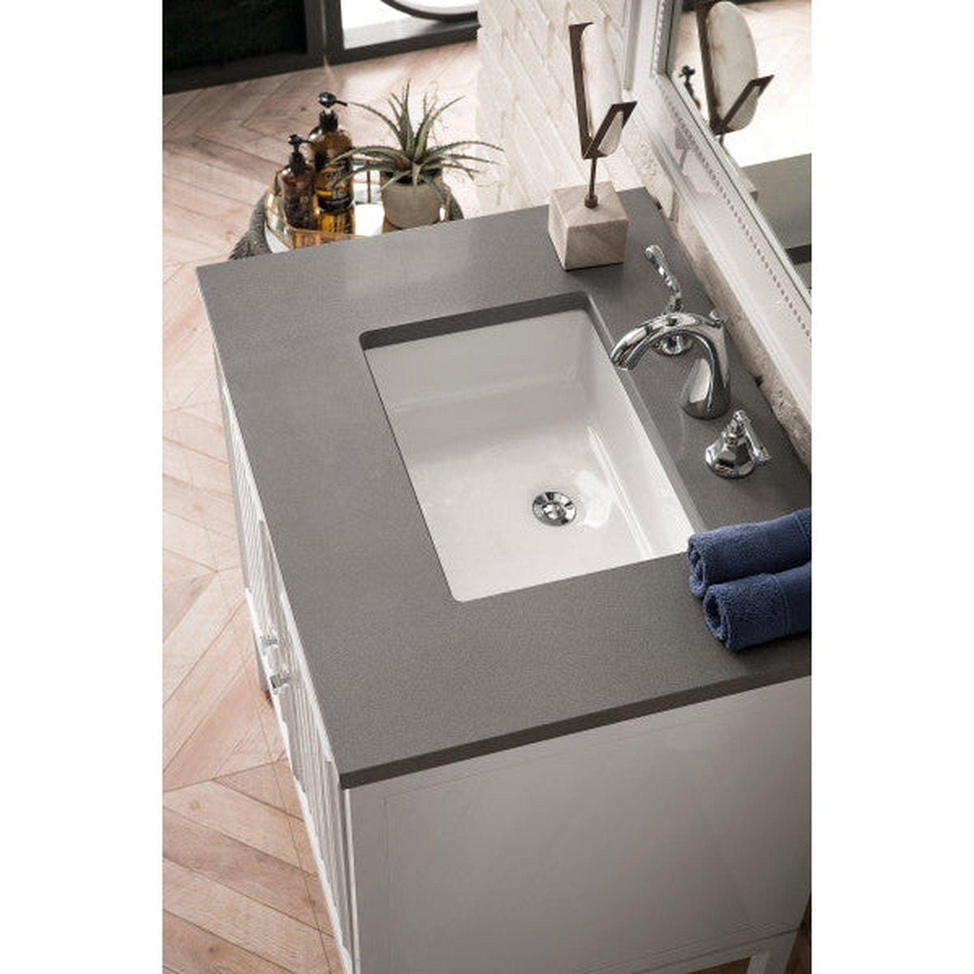 James Martin Athens 30" Single Glossy White Bathroom Vanity With 1" Gray Expo Quartz Top and Rectangular Ceramic Sink