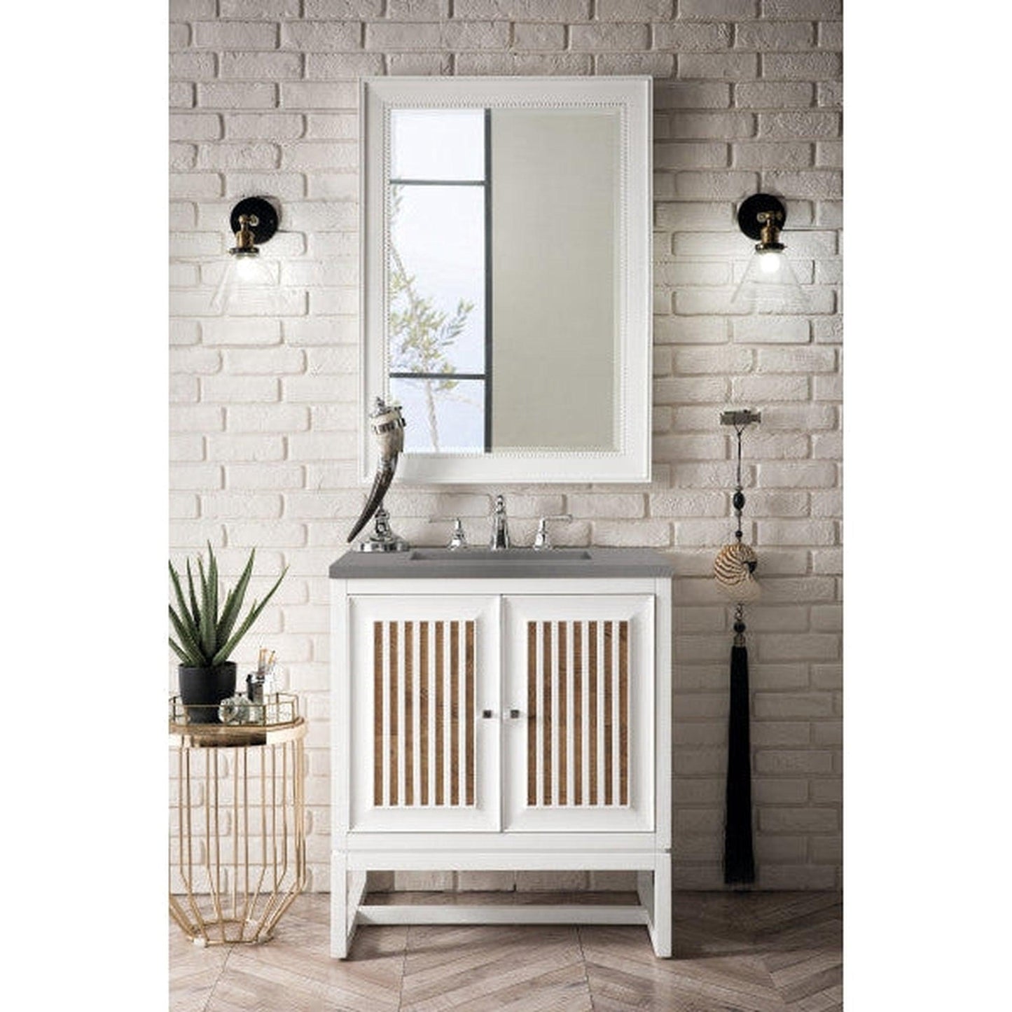 James Martin Athens 30" Single Glossy White Bathroom Vanity With 1" Gray Expo Quartz Top and Rectangular Ceramic Sink