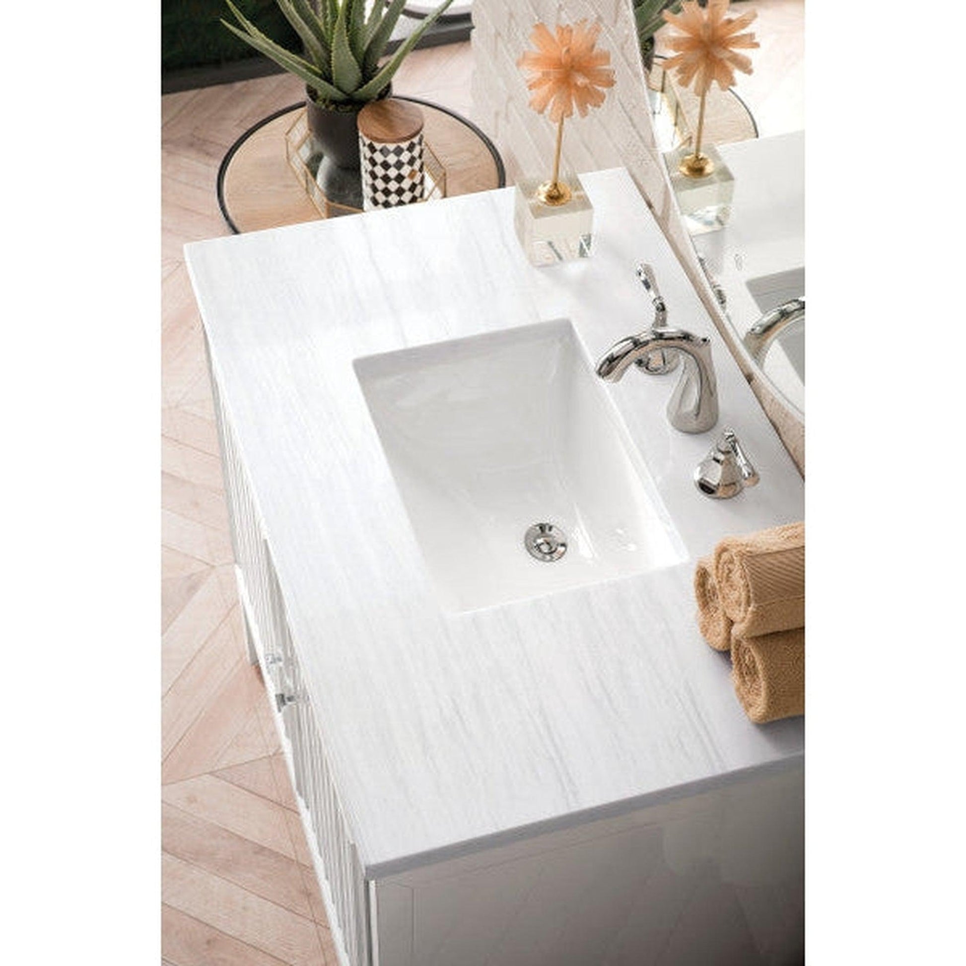 James Martin Athens 36" Single Glossy White Bathroom Vanity With 1" Arctic Fall Solid Surface Top and Rectangular Ceramic Sink