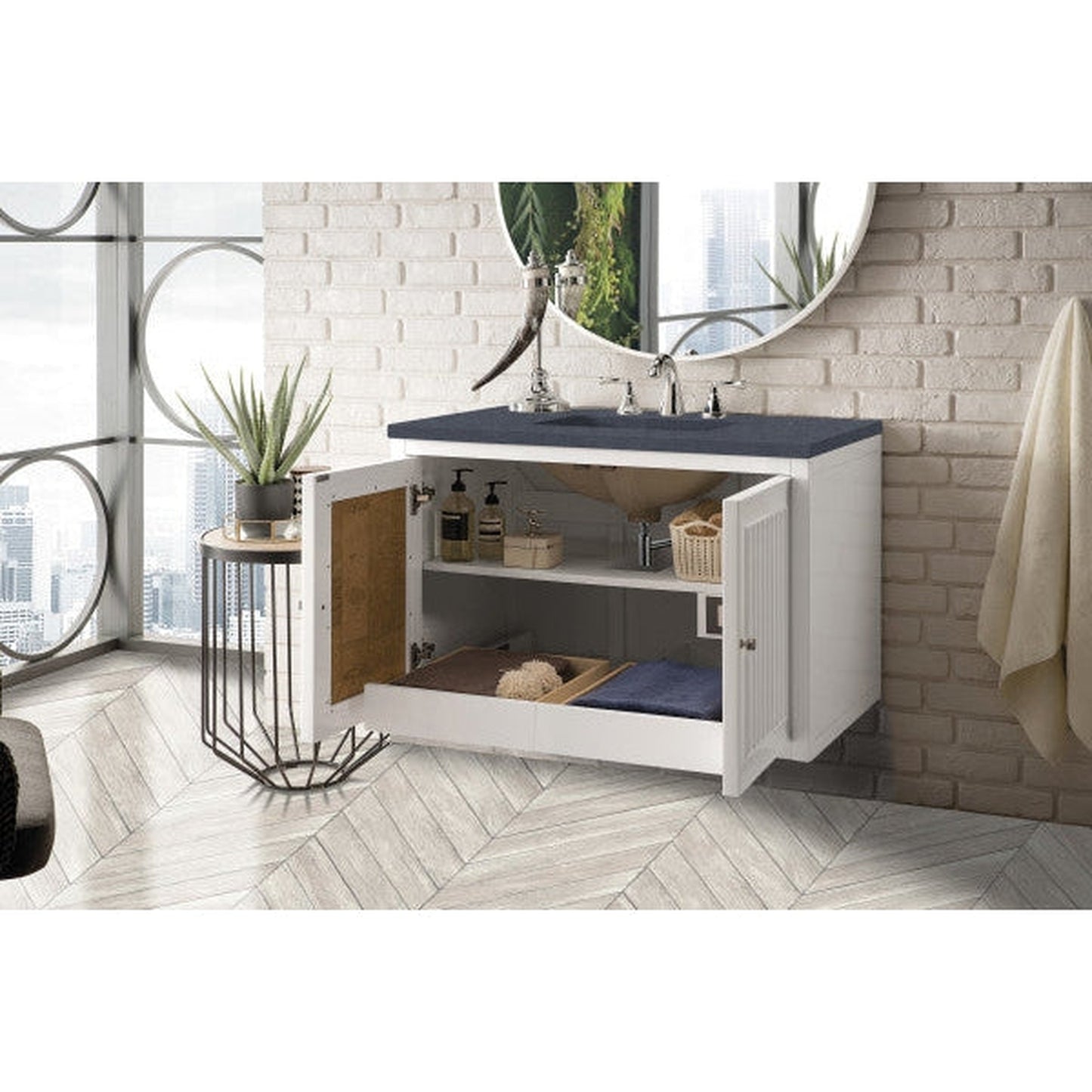 James Martin Athens 36" Single Glossy White Bathroom Vanity With 1" Charcoal Soapstone Quartz Top and Rectangular Ceramic Sink