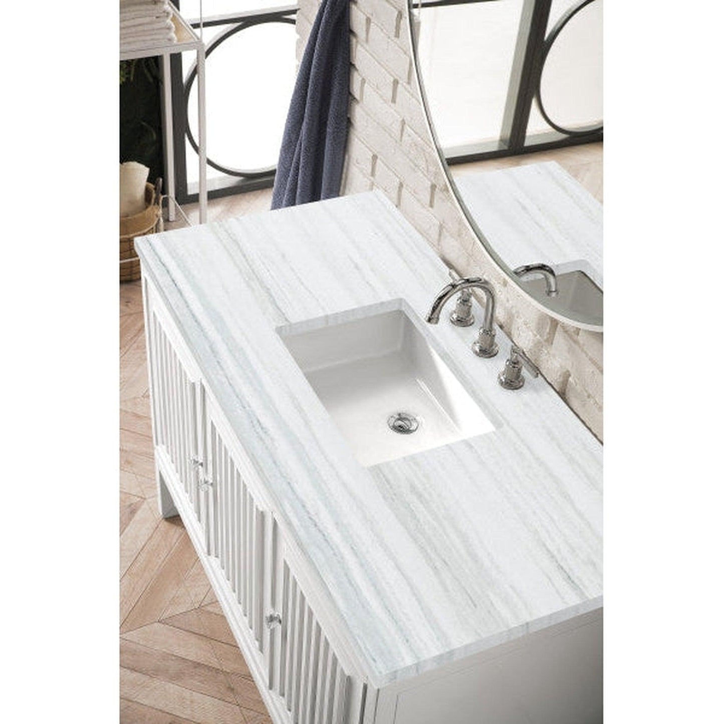 James Martin Athens 48" Single Glossy White Bathroom Vanity With 1" Arctic Fall Solid Surface Top and Rectangular Ceramic Sink