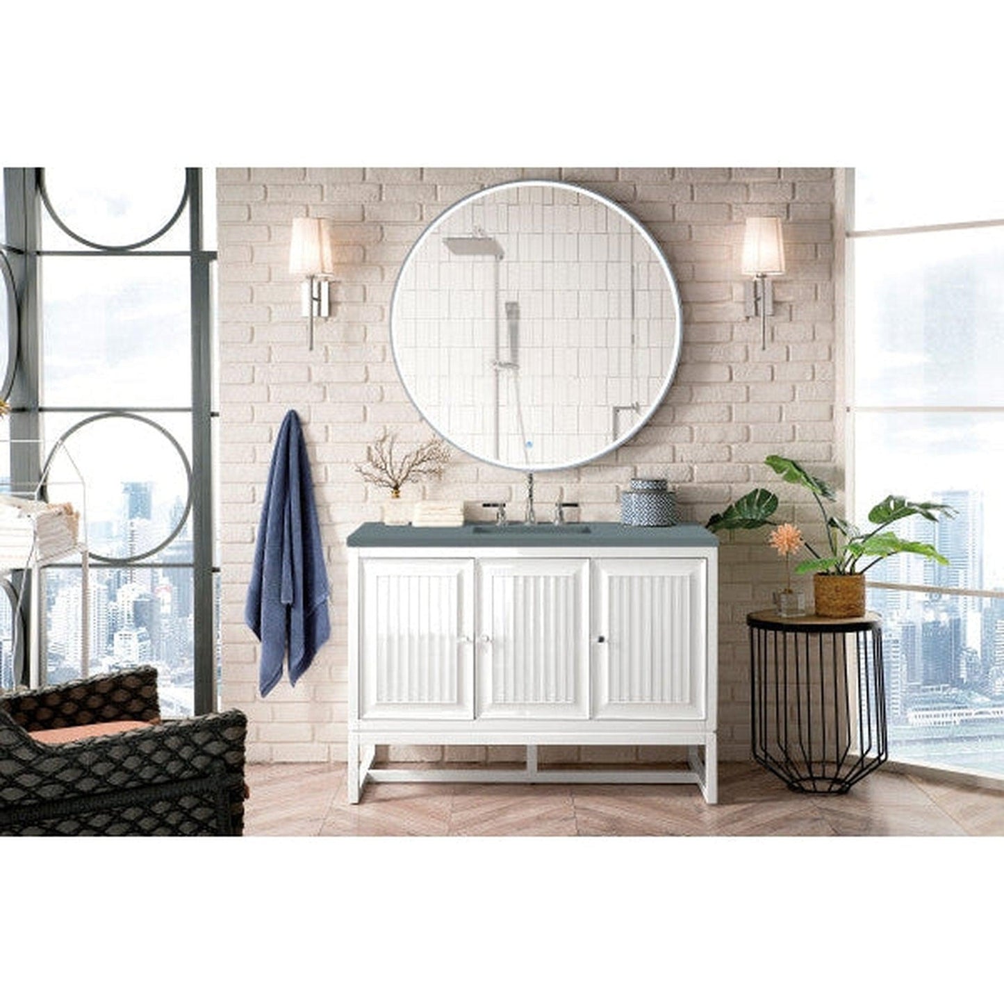 James Martin Athens 48" Single Glossy White Bathroom Vanity With 1" Cala Blue Quartz Top and Rectangular Ceramic Sink