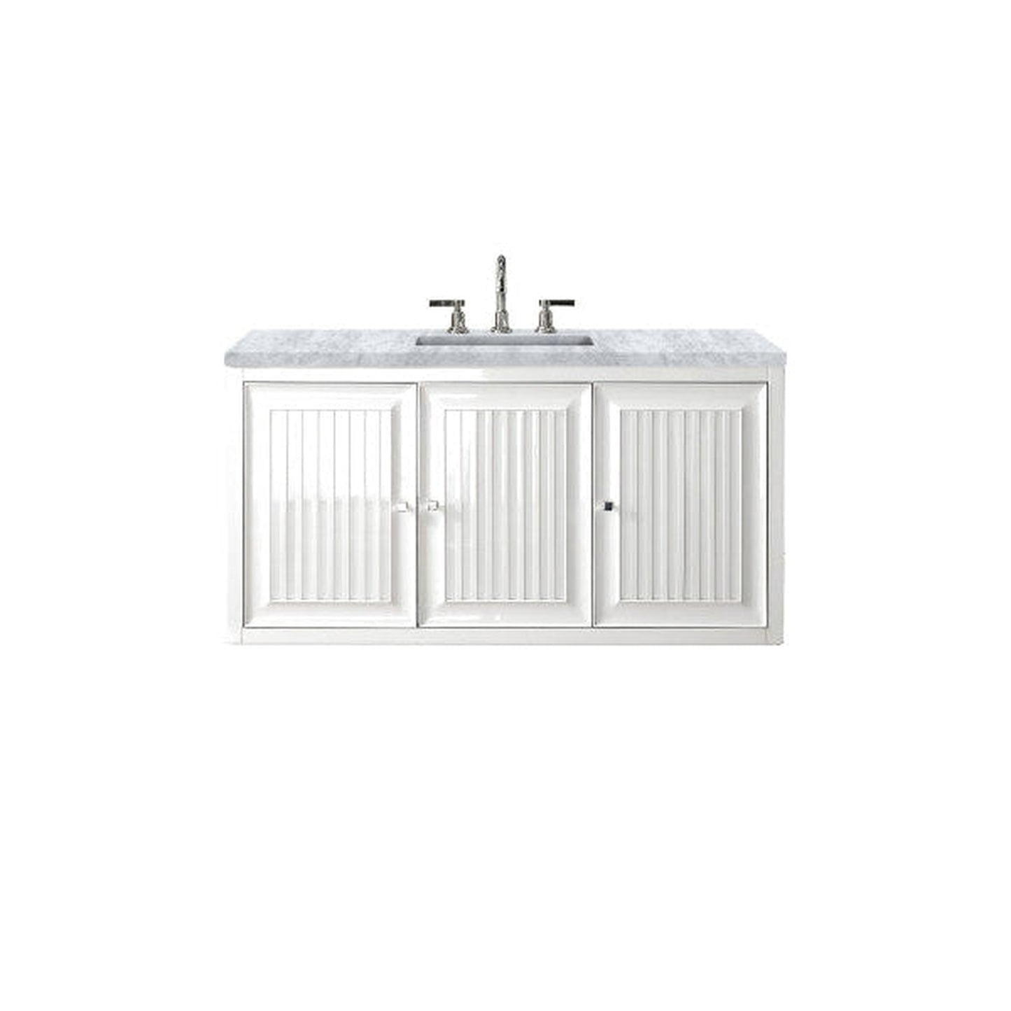 James Martin Athens 48" Single Glossy White Bathroom Vanity With 1" Carrara White Marble Top and Rectangular Ceramic Sink