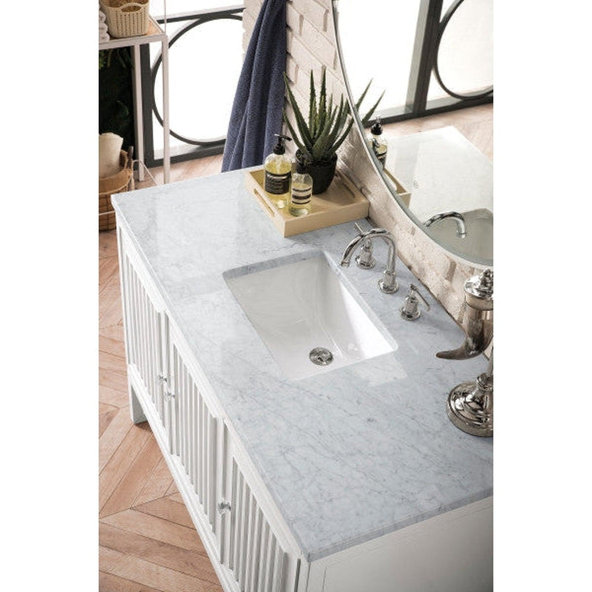 James Martin Athens 48" Single Glossy White Bathroom Vanity With 1" Carrara White Marble Top and Rectangular Ceramic Sink