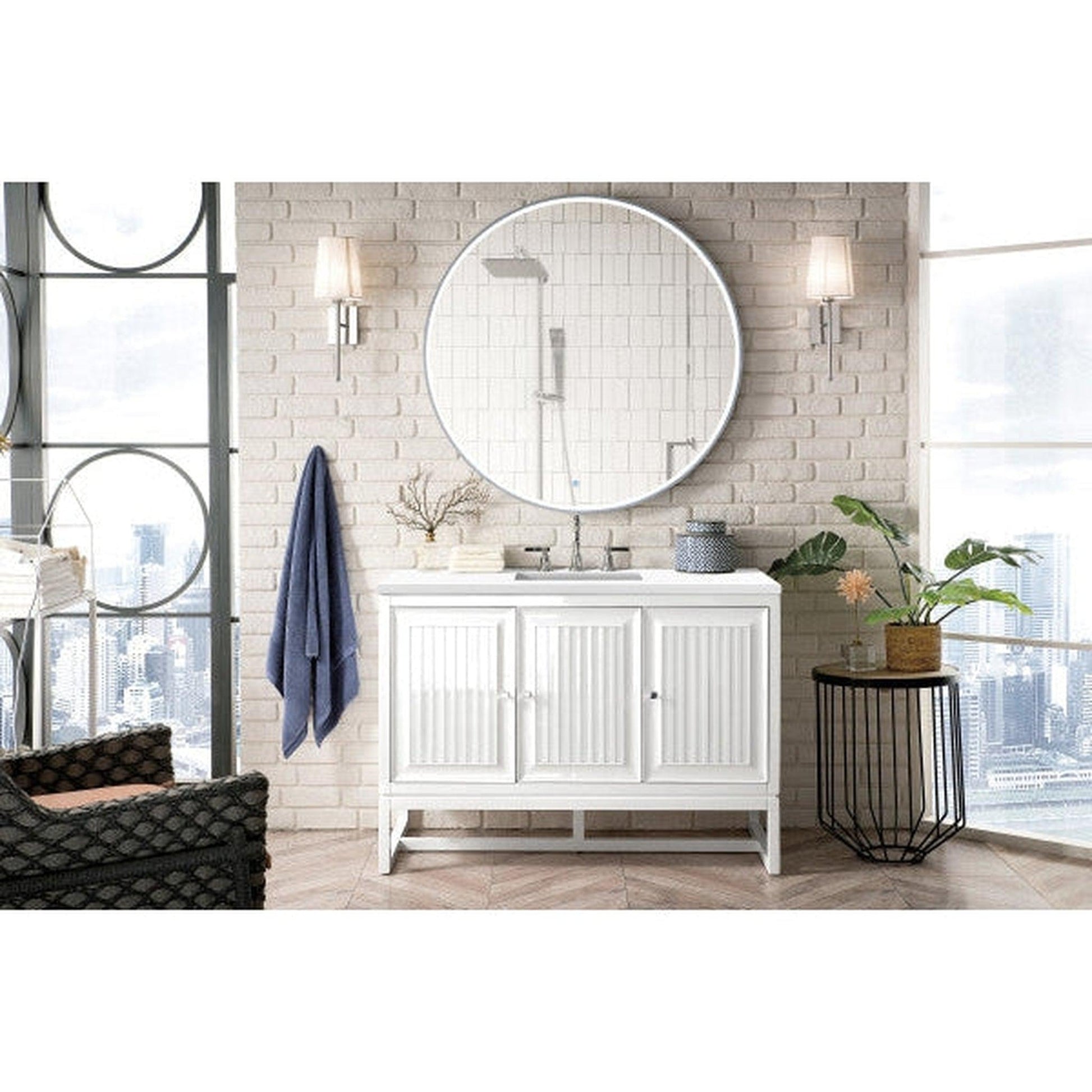 James Martin Athens 48" Single Glossy White Bathroom Vanity With 1" Classic White Quartz Top and Rectangular Ceramic Sink