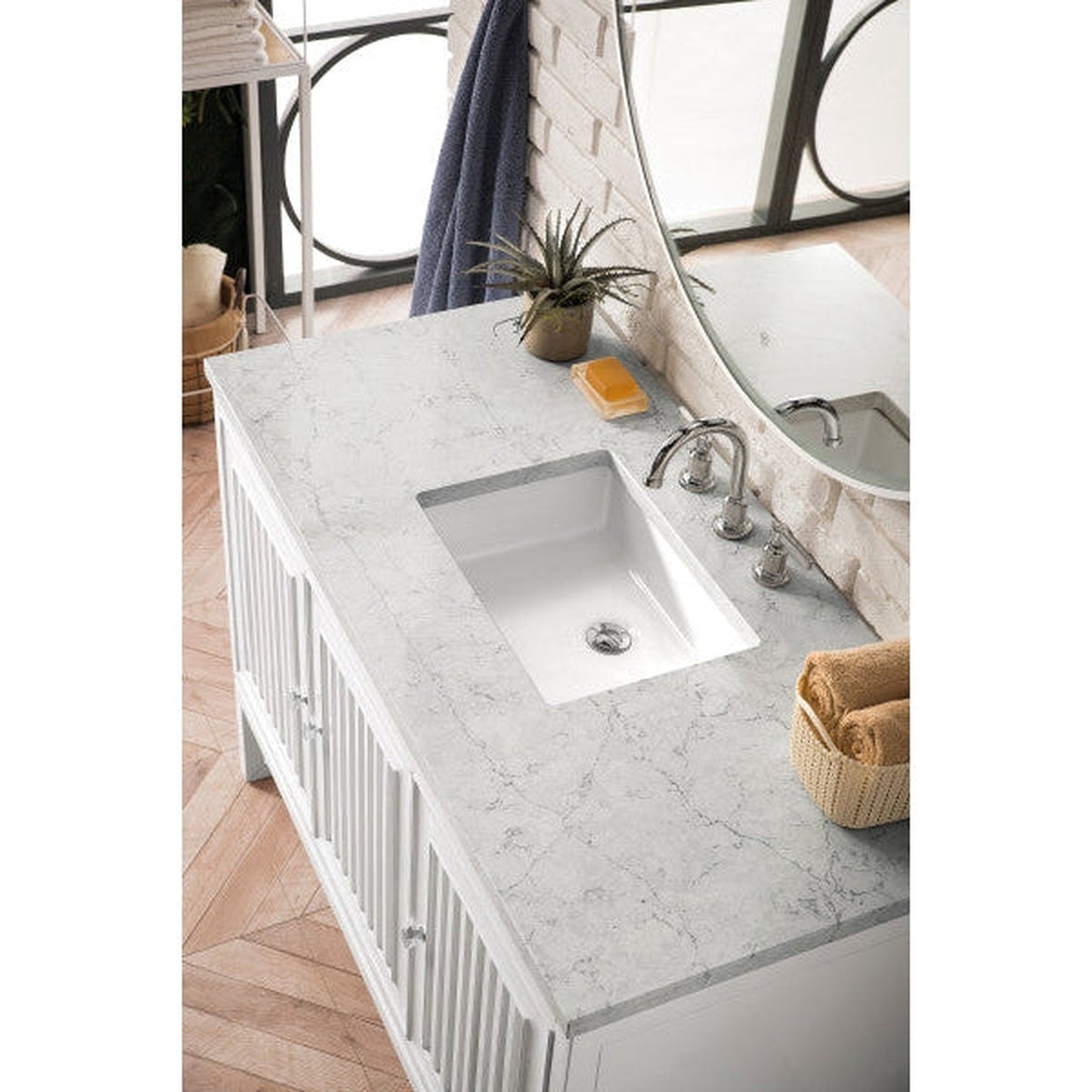 James Martin Athens 48" Single Glossy White Bathroom Vanity With 1" Eternal Jasmine Pearl Quartz Top and Rectangular Ceramic Sink