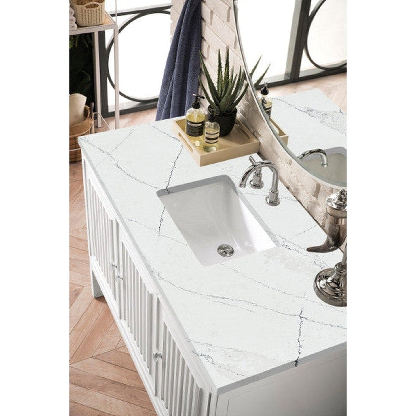 James Martin Athens 48" Single Glossy White Bathroom Vanity With 1" Ethereal Noctis Quartz Top and Rectangular Ceramic Sink