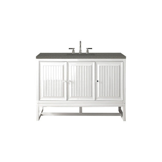 James Martin Athens 48" Single Glossy White Bathroom Vanity With 1" Gray Expo Quartz Top and Rectangular Ceramic Sink