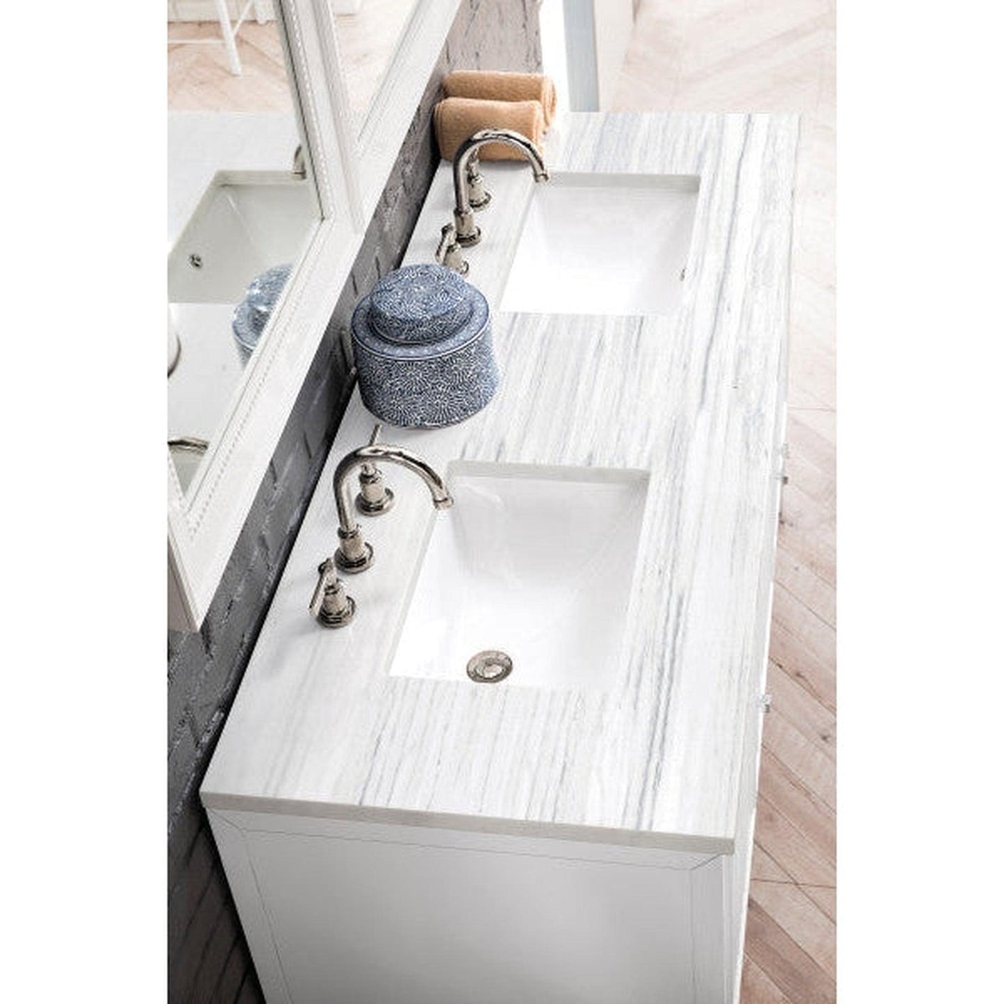 James Martin Athens 60" Double Glossy White Bathroom Vanity With 1" Arctic Fall Solid Surface Top and Rectangular Ceramic Sink