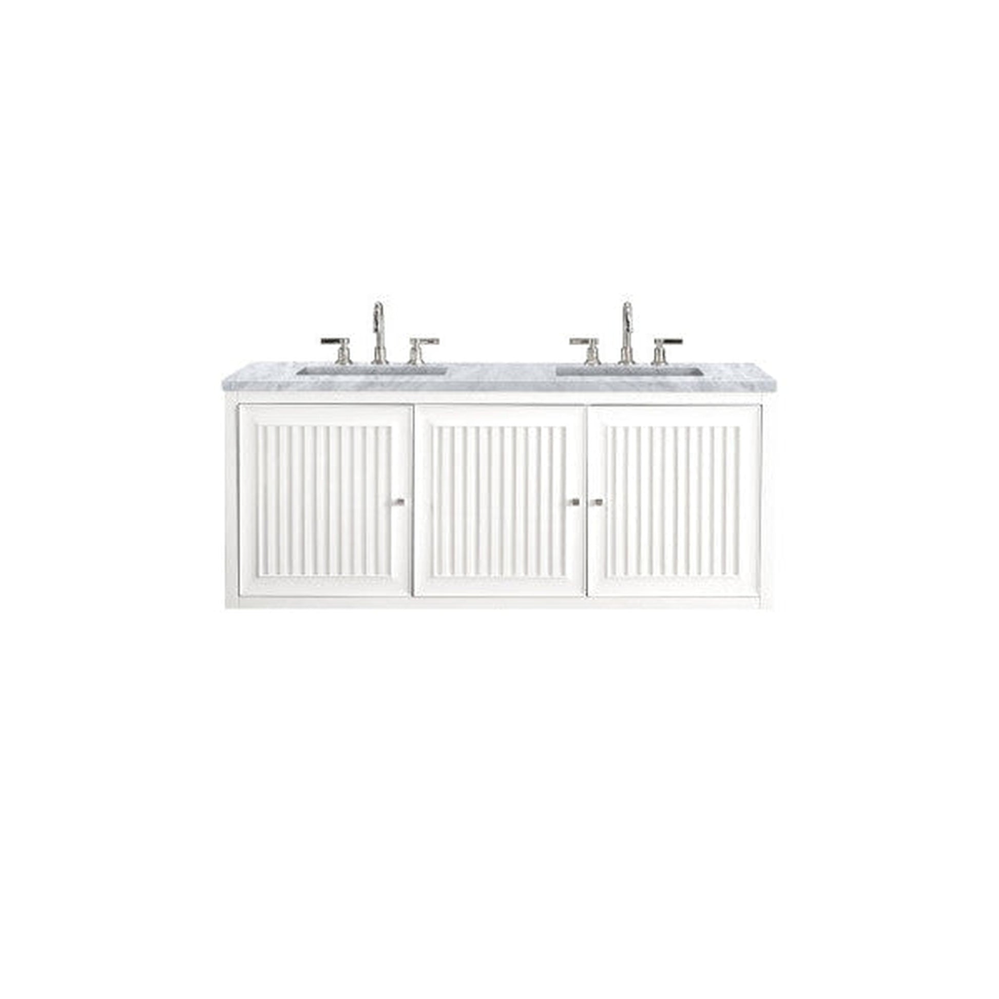 James Martin Athens 60" Double Glossy White Bathroom Vanity With 1" Carrara White Marble Top and Rectangular Ceramic Sink