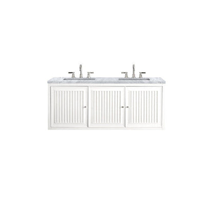 James Martin Athens 60" Double Glossy White Bathroom Vanity With 1" Carrara White Marble Top and Rectangular Ceramic Sink