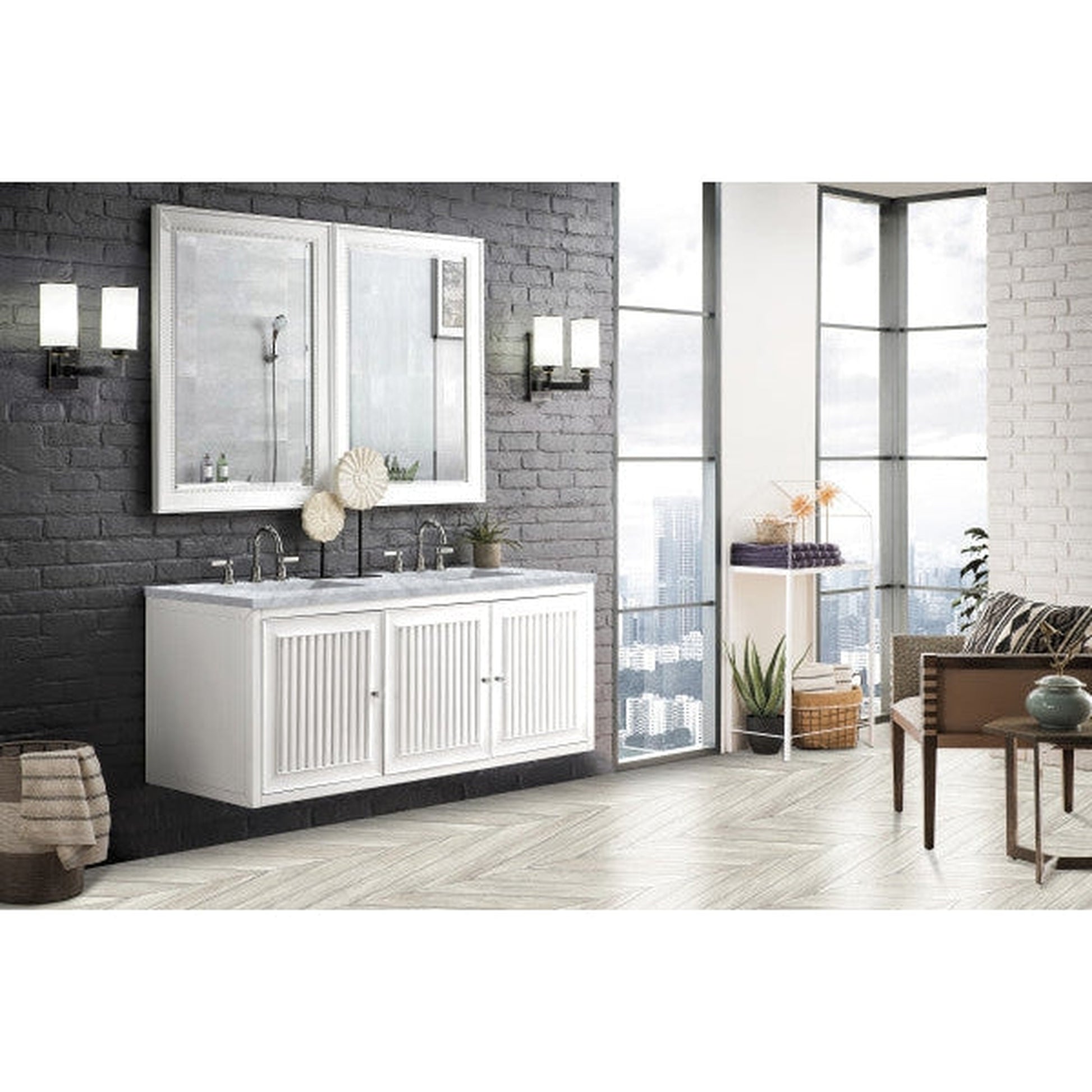 James Martin Athens 60" Double Glossy White Bathroom Vanity With 1" Carrara White Marble Top and Rectangular Ceramic Sink