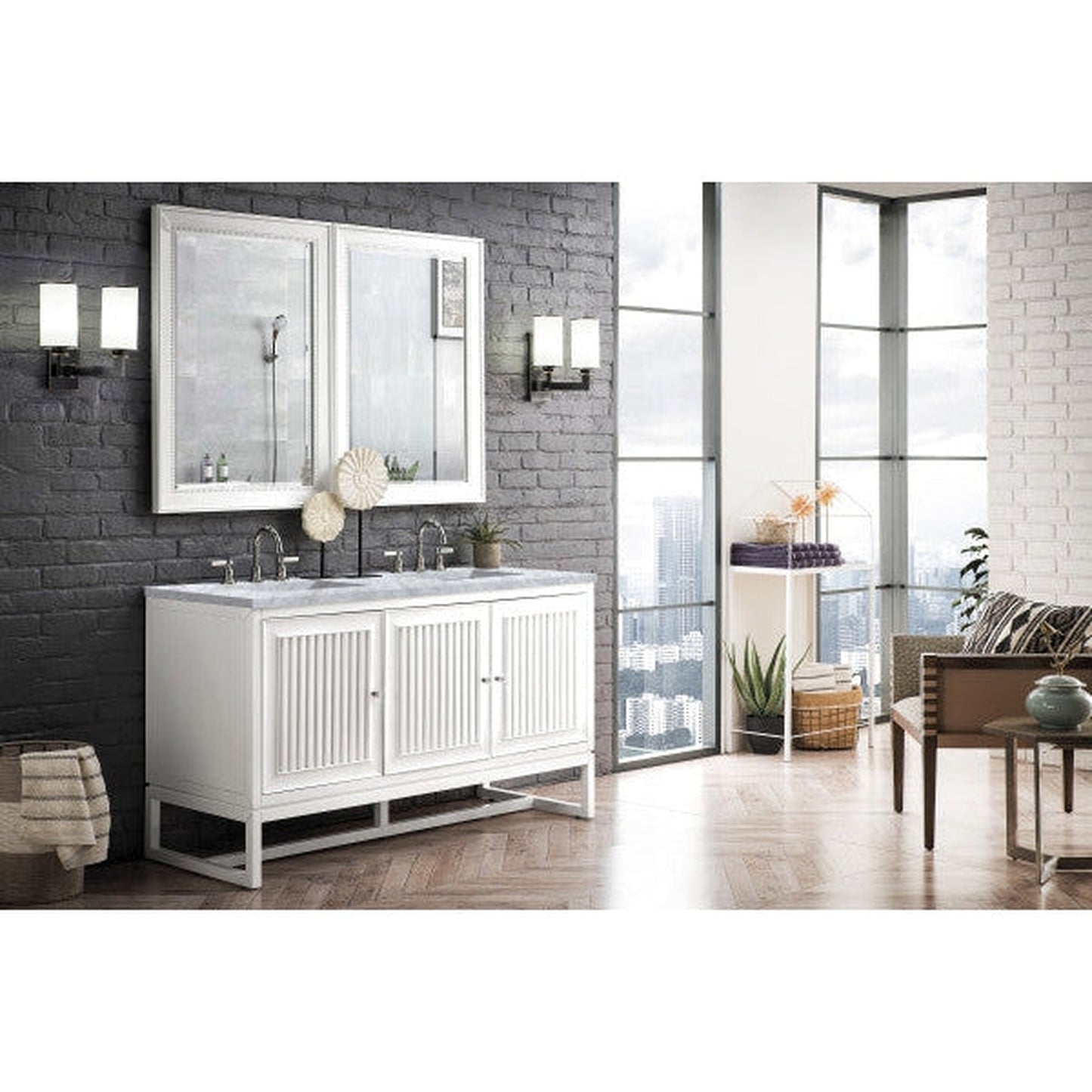 James Martin Athens 60" Double Glossy White Bathroom Vanity With 1" Carrara White Marble Top and Rectangular Ceramic Sink