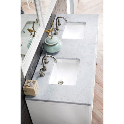 James Martin Athens 60" Double Glossy White Bathroom Vanity With 1" Carrara White Marble Top and Rectangular Ceramic Sink