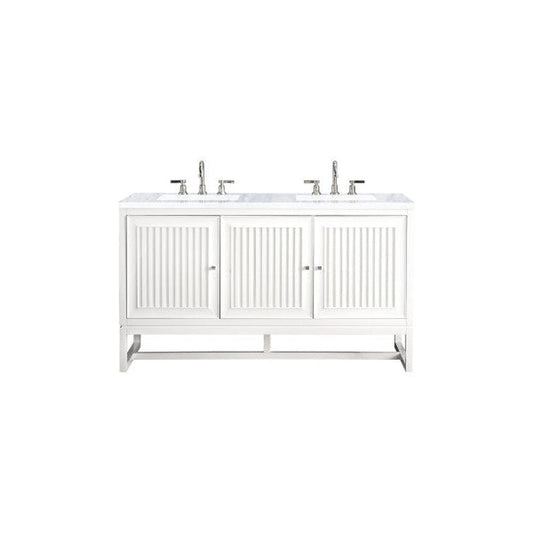 James Martin Athens 60" Double Glossy White Bathroom Vanity With 1" Carrara White Marble Top and Rectangular Ceramic Sink