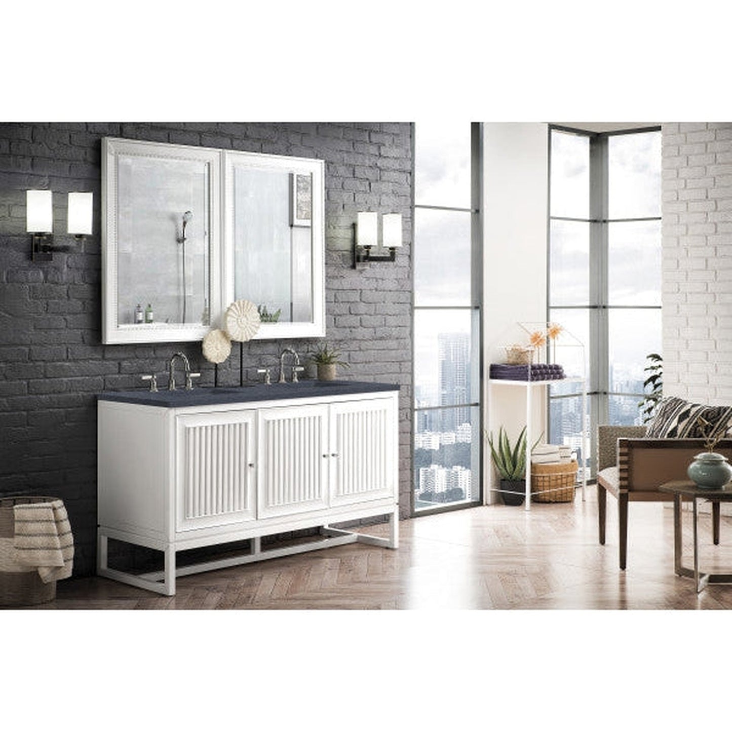 James Martin Athens 60" Double Glossy White Bathroom Vanity With 1" Charcoal Soapstone Quartz Top and Rectangular Ceramic Sink