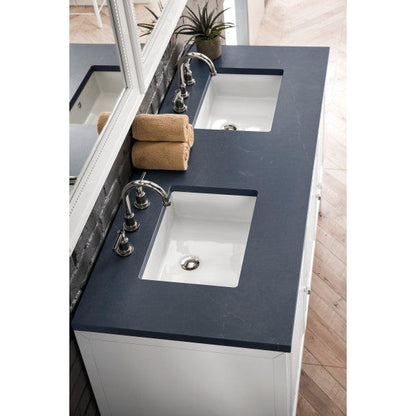 James Martin Athens 60" Double Glossy White Bathroom Vanity With 1" Charcoal Soapstone Quartz Top and Rectangular Ceramic Sink