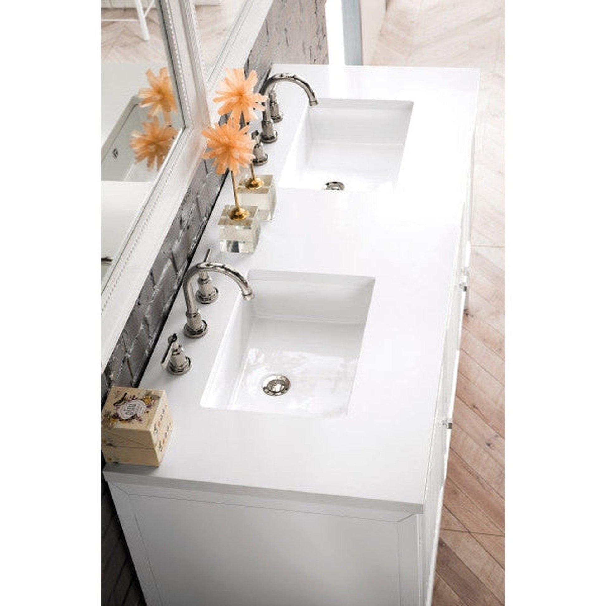 James Martin Athens 60" Double Glossy White Bathroom Vanity With 1" Classic White Quartz Top and Rectangular Ceramic Sink