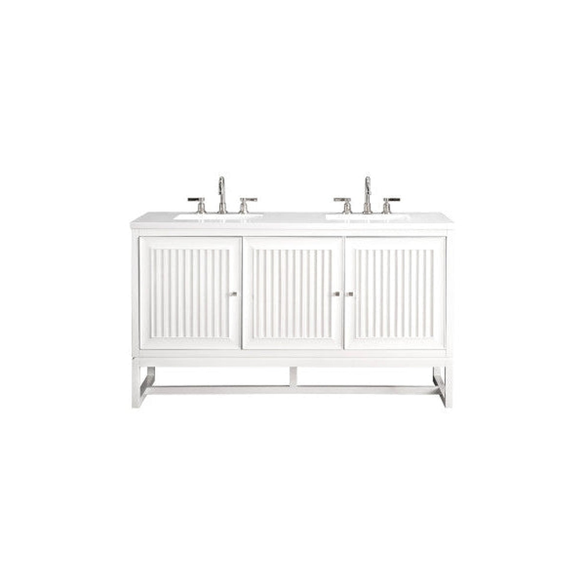 James Martin Athens 60" Double Glossy White Bathroom Vanity With 1" Classic White Quartz Top and Rectangular Ceramic Sink