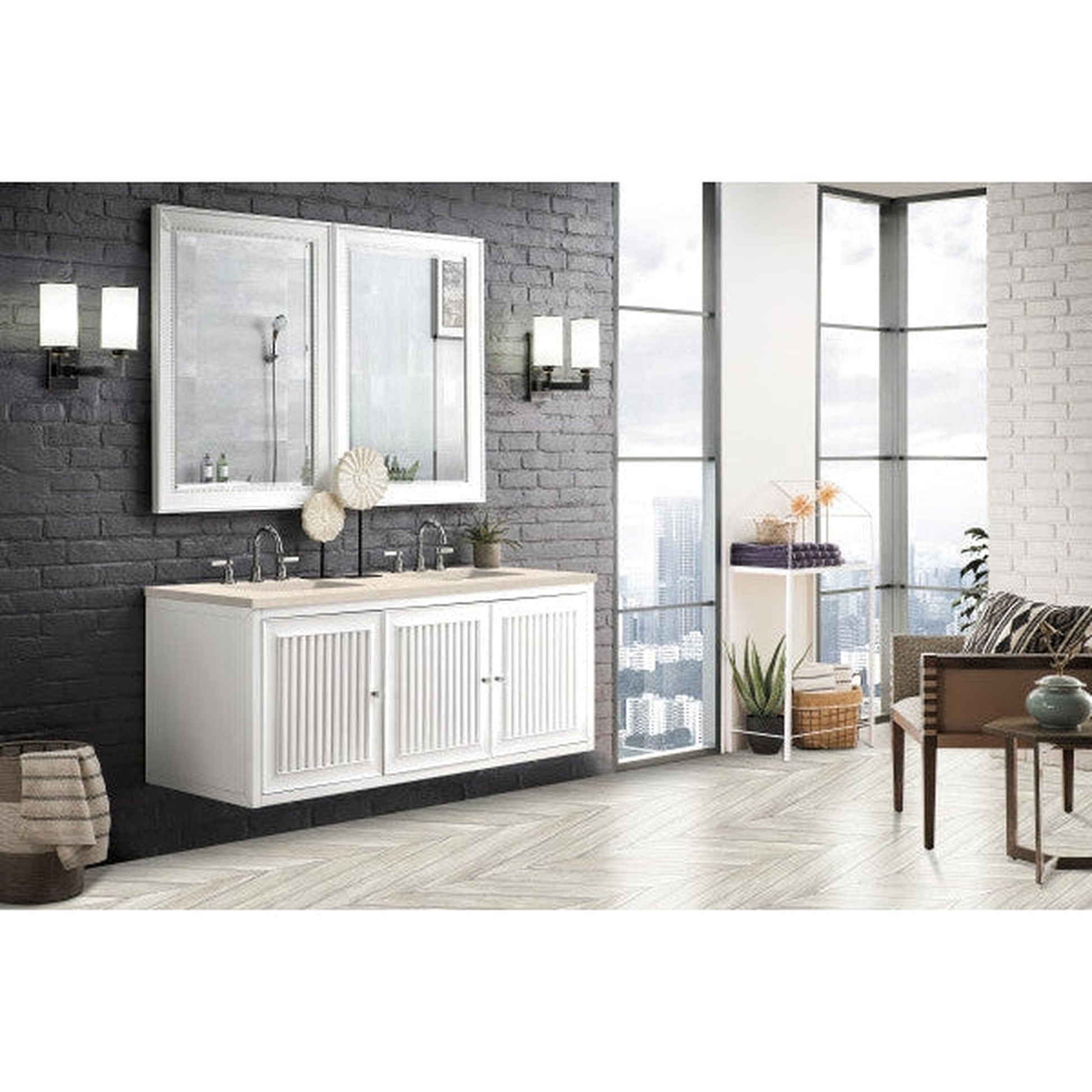 James Martin Athens 60" Double Glossy White Bathroom Vanity With 1" Eternal Marfil Quartz Top and Rectangular Ceramic Sink