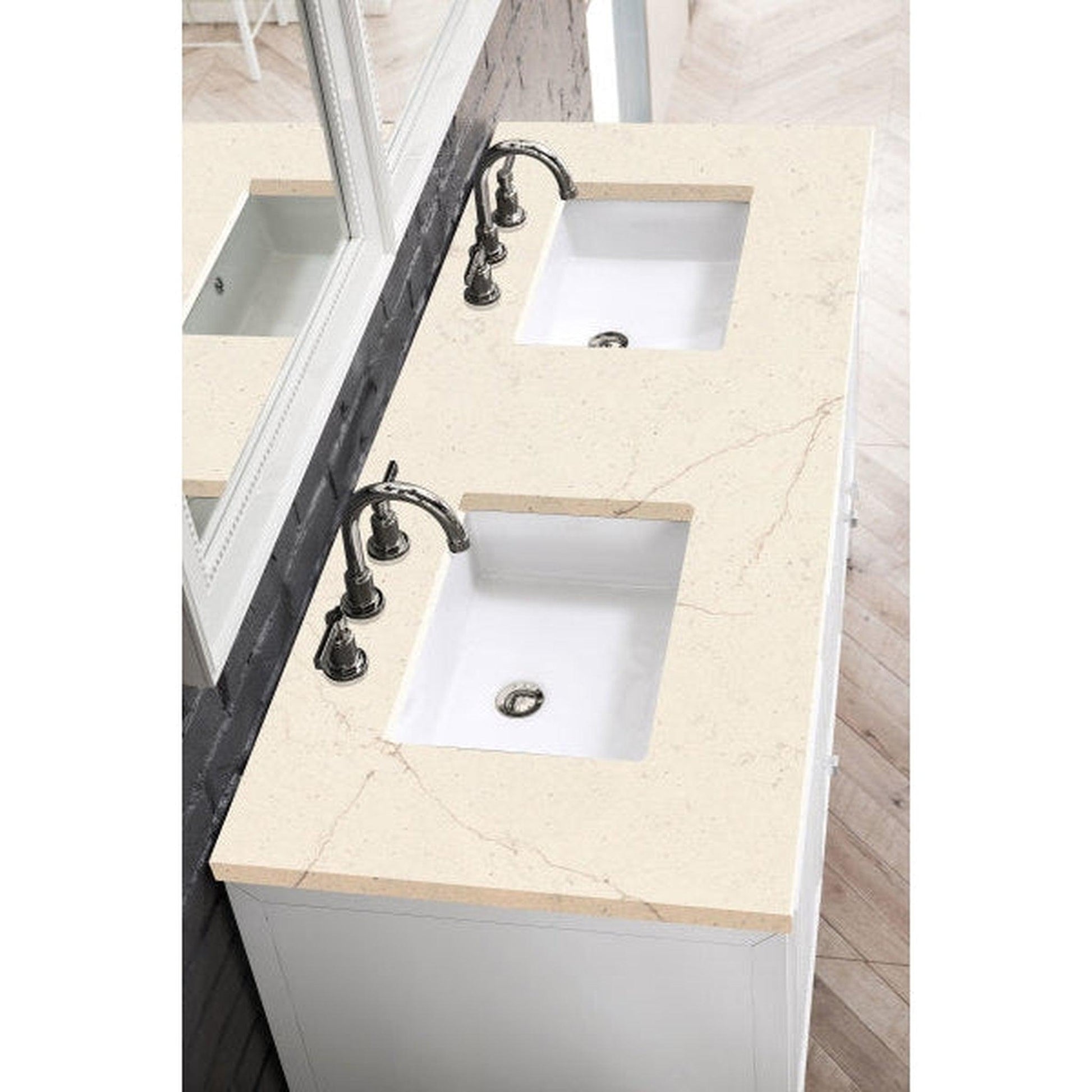 James Martin Athens 60" Double Glossy White Bathroom Vanity With 1" Eternal Marfil Quartz Top and Rectangular Ceramic Sink