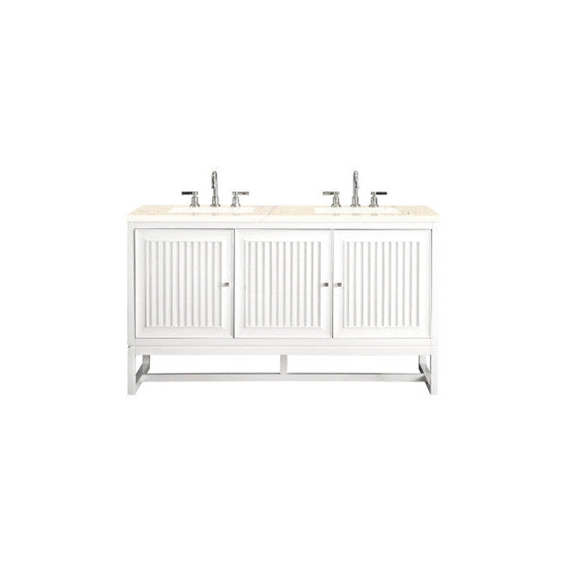 James Martin Athens 60" Double Glossy White Bathroom Vanity With 1" Eternal Marfil Quartz Top and Rectangular Ceramic Sink