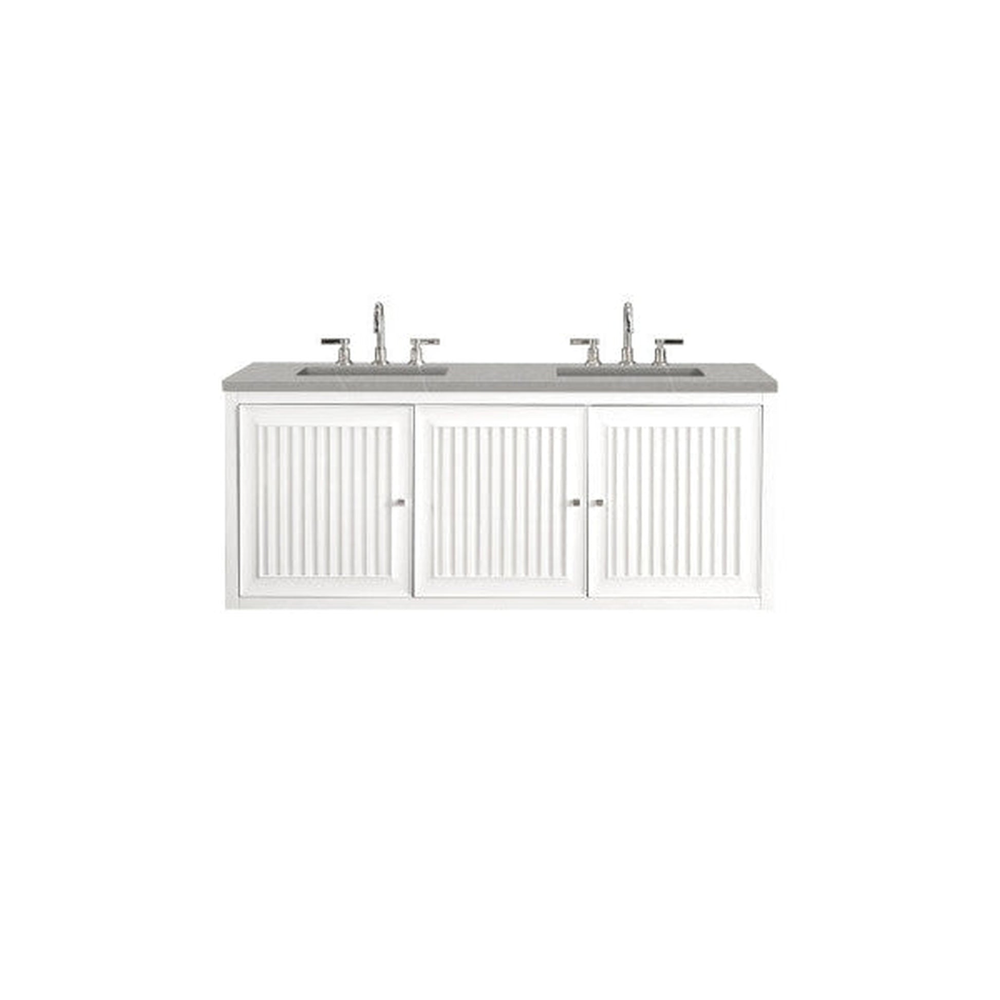 James Martin Athens 60" Double Glossy White Bathroom Vanity With 1" Eternal Serena Quartz Top and Rectangular Ceramic Sink