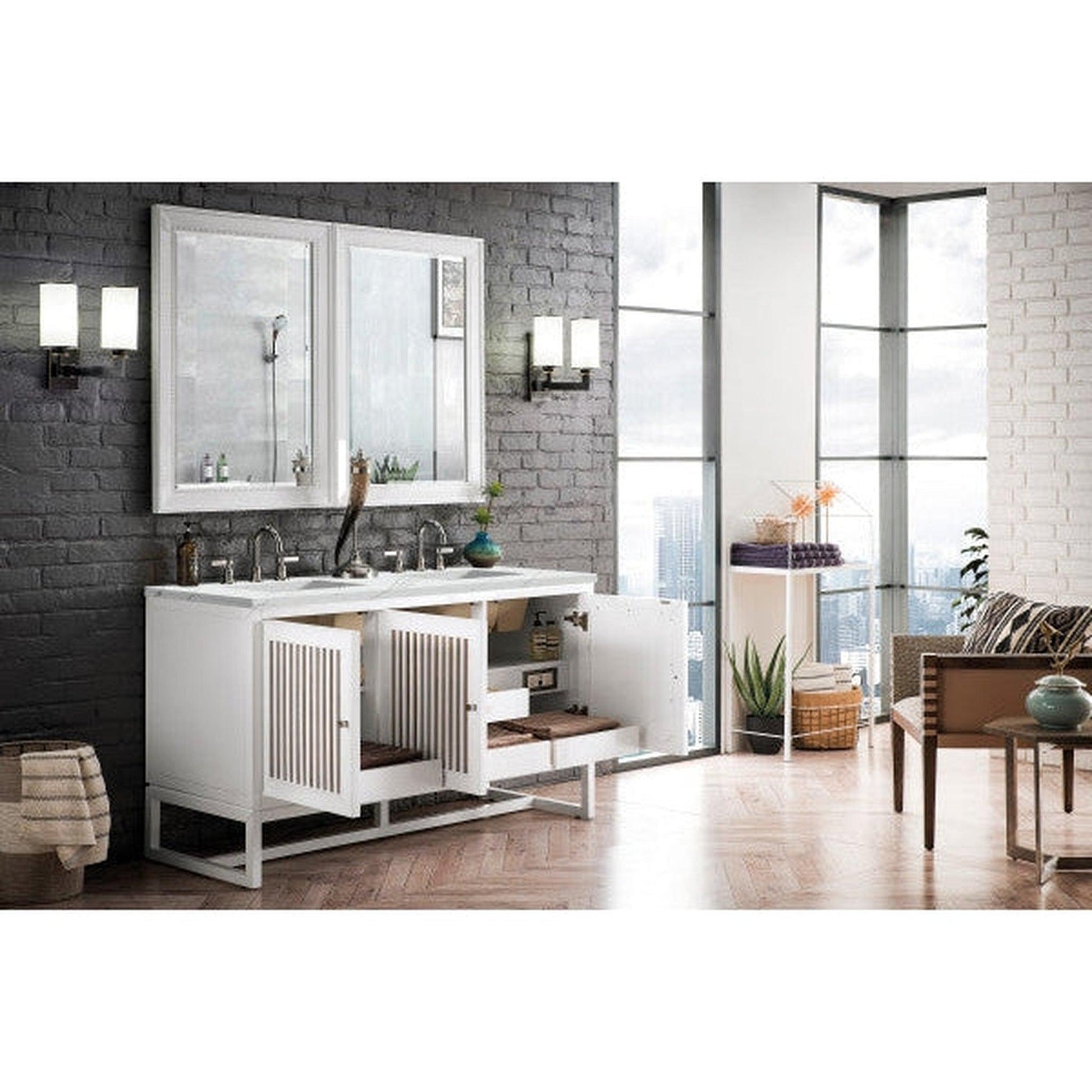 James Martin Athens 60" Double Glossy White Bathroom Vanity With 1" Ethereal Noctis Quartz Top and Rectangular Ceramic Sink
