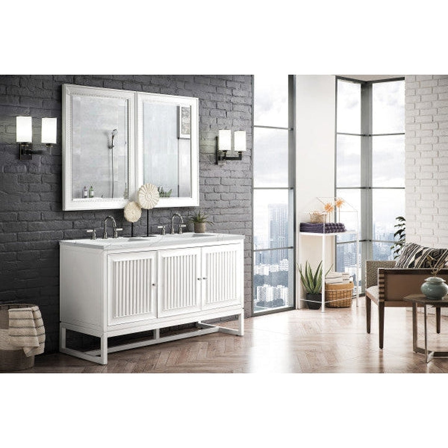 James Martin Athens 60" Double Glossy White Bathroom Vanity With 1" Ethereal Noctis Quartz Top and Rectangular Ceramic Sink