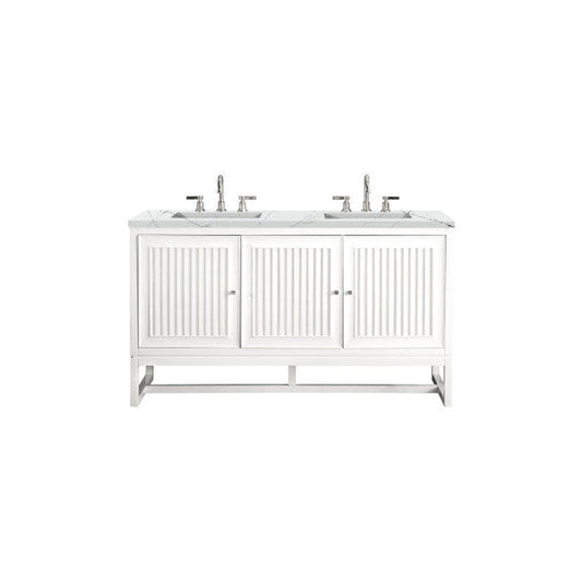 James Martin Athens 60" Double Glossy White Bathroom Vanity With 1" Ethereal Noctis Quartz Top and Rectangular Ceramic Sink