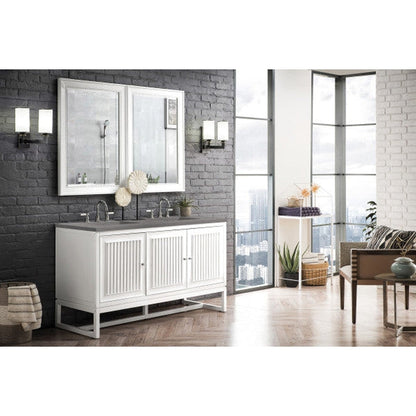 James Martin Athens 60" Double Glossy White Bathroom Vanity With 1" Gray Expo Quartz Top and Rectangular Ceramic Sink