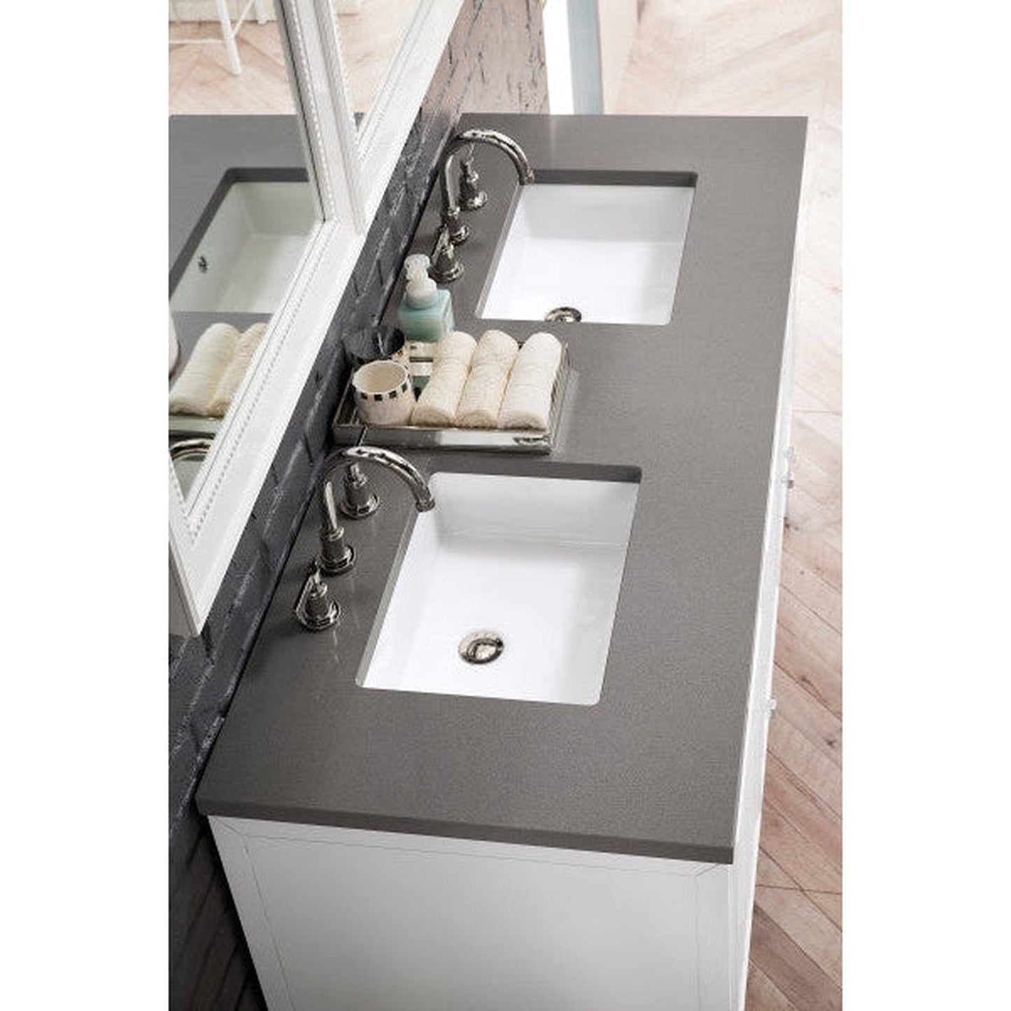 James Martin Athens 60" Double Glossy White Bathroom Vanity With 1" Gray Expo Quartz Top and Rectangular Ceramic Sink