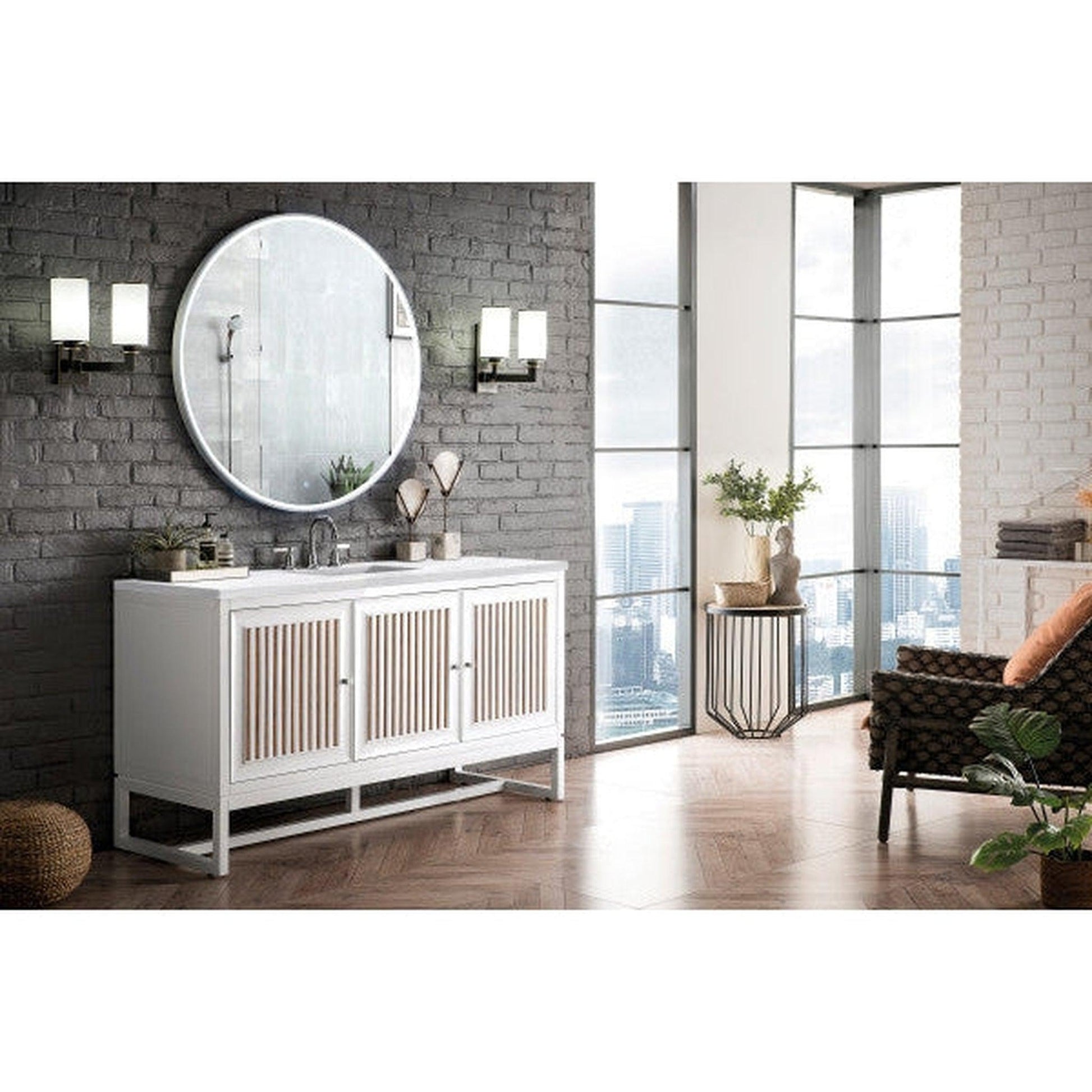 James Martin Athens 60" Single Glossy White Bathroom Vanity With 1" Arctic Fall Solid Surface Top and Rectangular Ceramic Sink