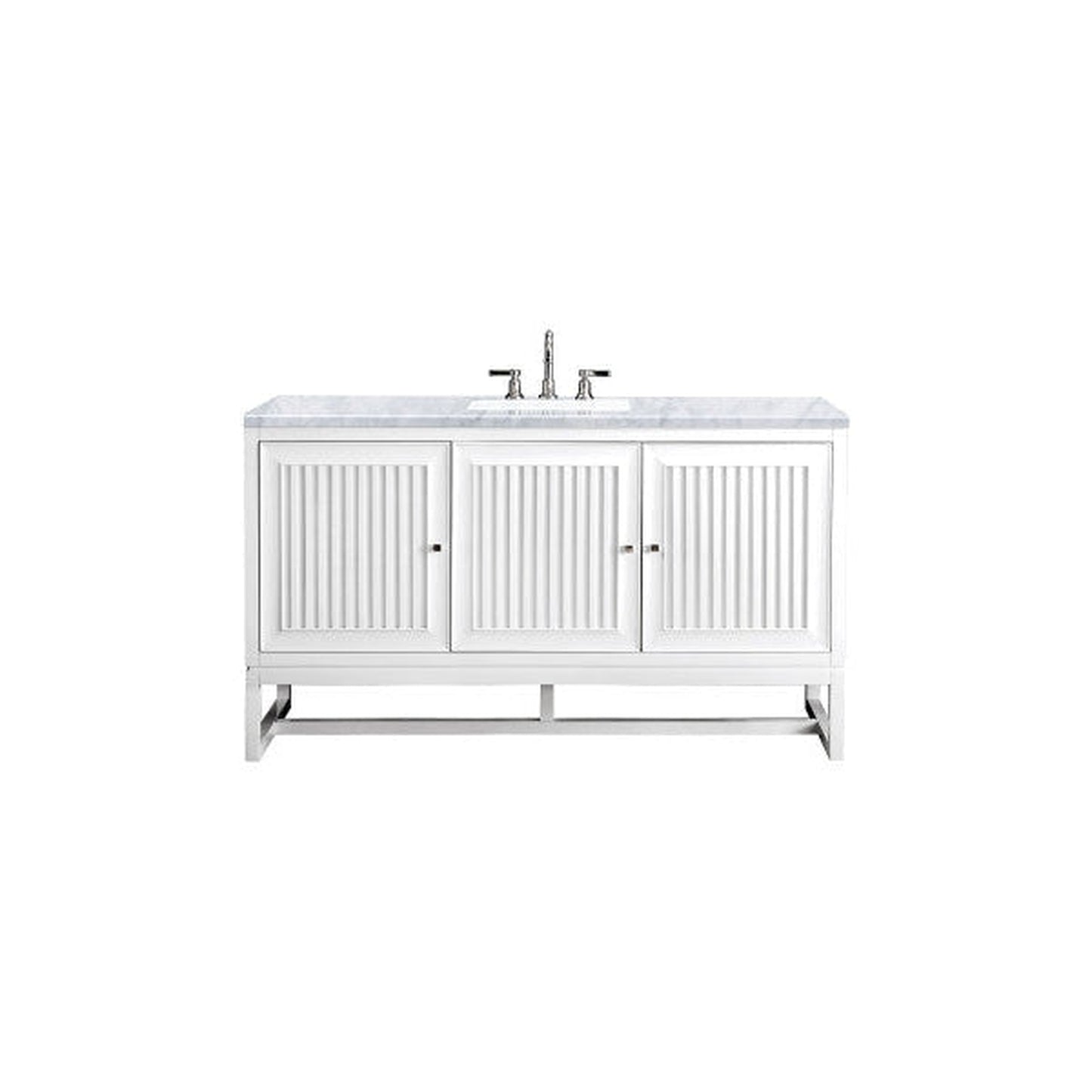 James Martin Athens 60" Single Glossy White Bathroom Vanity With 1" Carrara White Marble Top and Rectangular Ceramic Sink