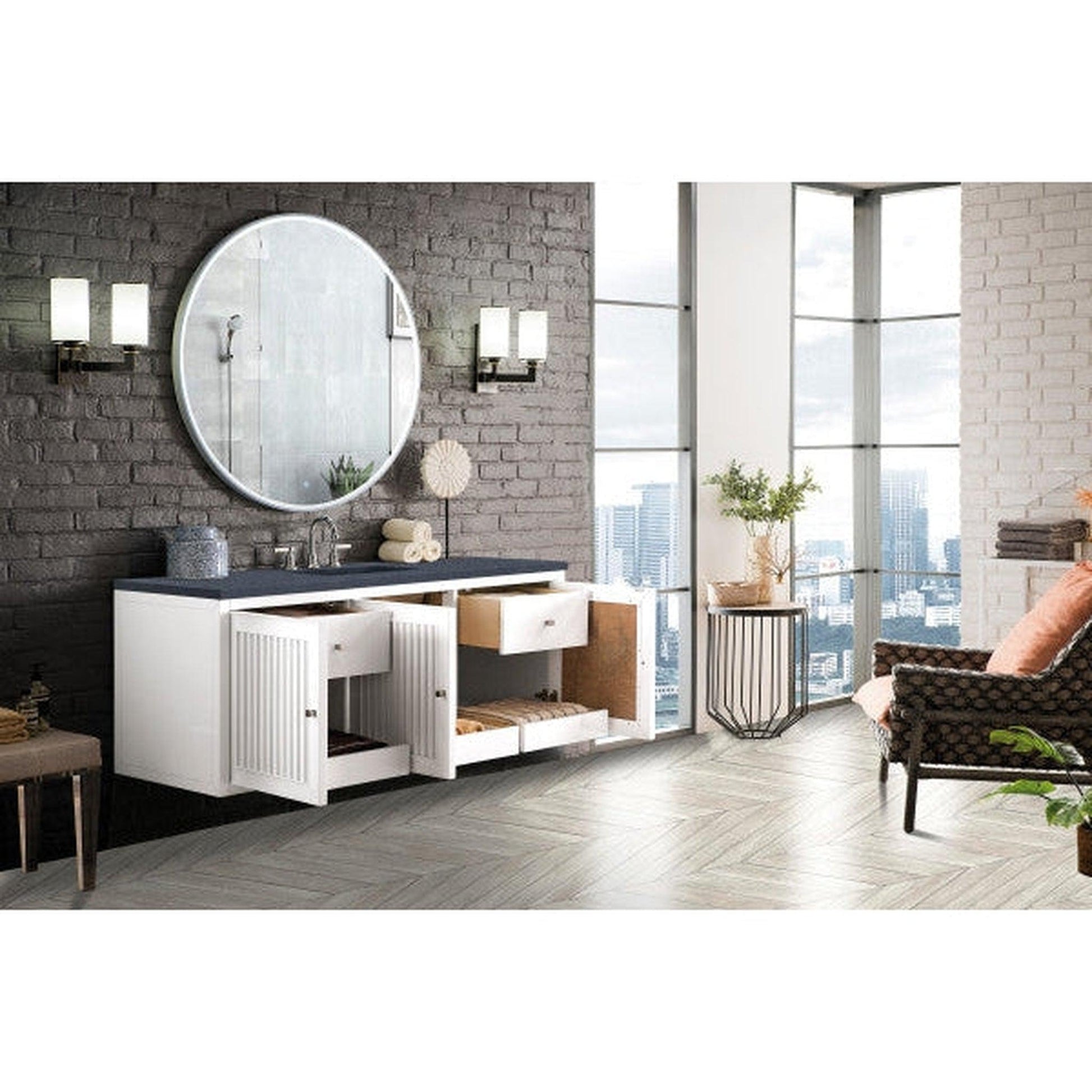 James Martin Athens 60" Single Glossy White Bathroom Vanity With 1" Charcoal Soapstone Quartz Top and Rectangular Ceramic Sink