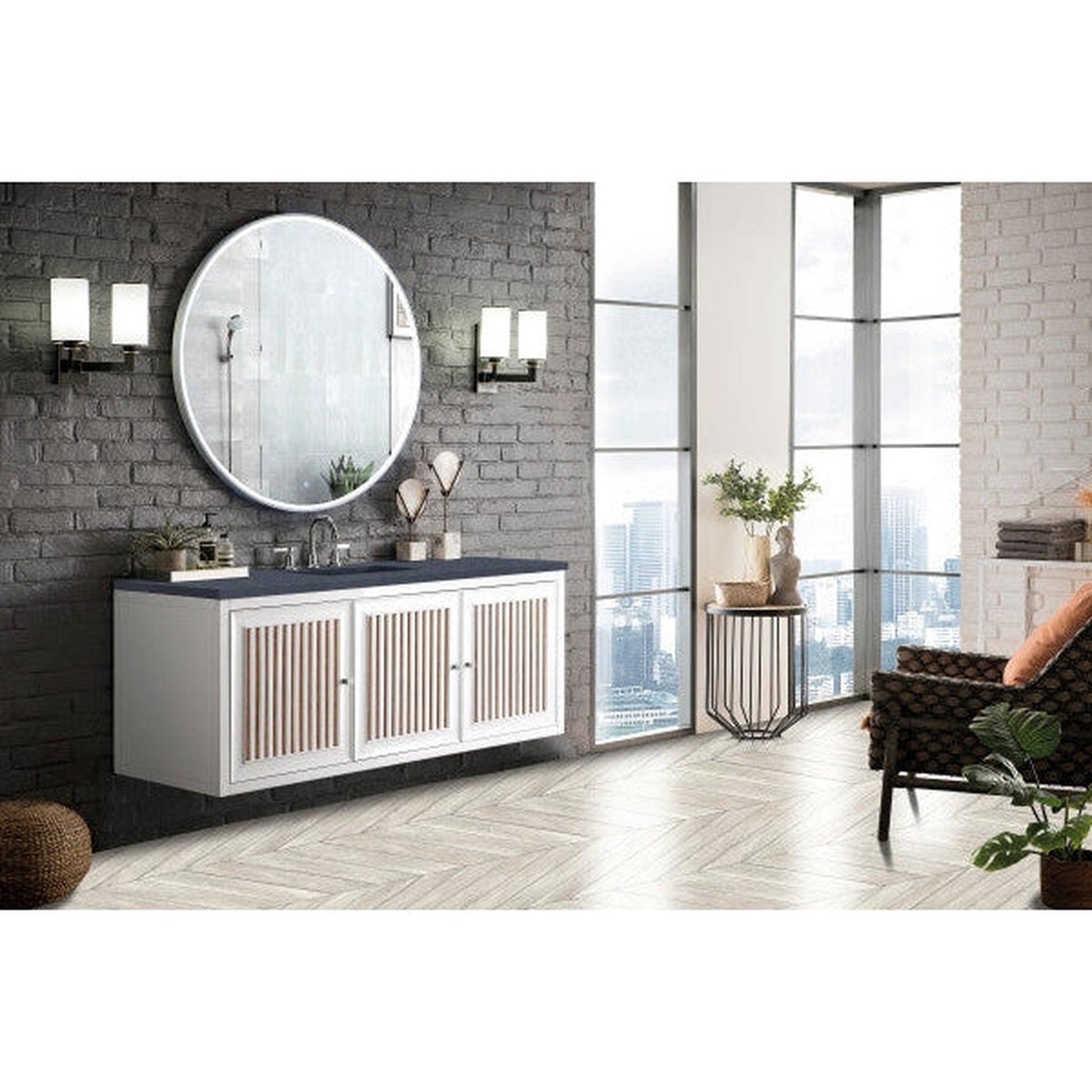 James Martin Athens 60" Single Glossy White Bathroom Vanity With 1" Charcoal Soapstone Quartz Top and Rectangular Ceramic Sink