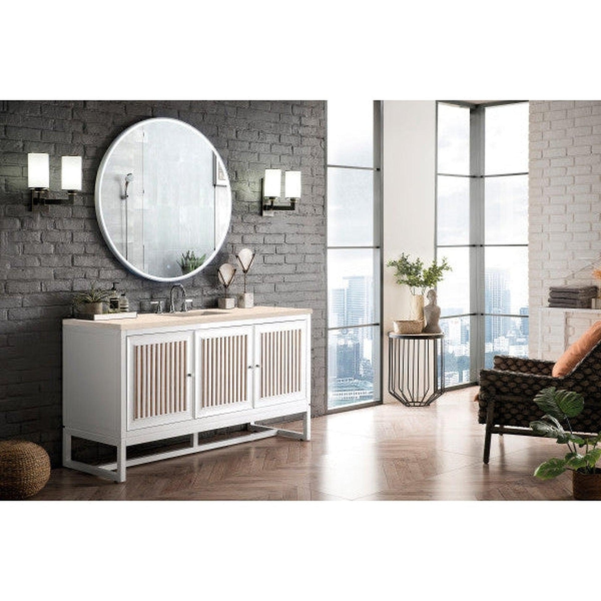 James Martin Athens 60" Single Glossy White Bathroom Vanity With 1" Eternal Marfil Quartz Top and Rectangular Ceramic Sink