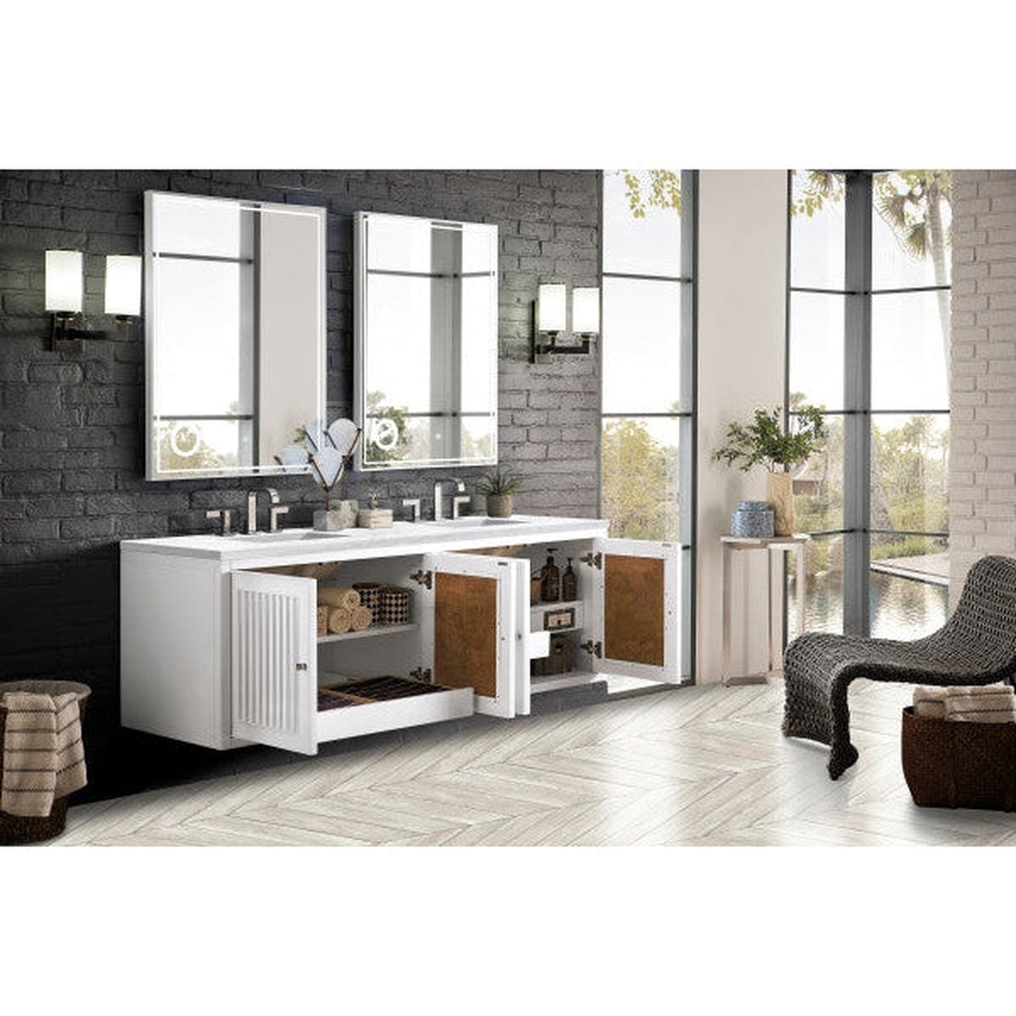 James Martin Athens 72" Double Glossy White Bathroom Vanity With 1" Arctic Fall Solid Surface Top and Rectangular Ceramic Sink