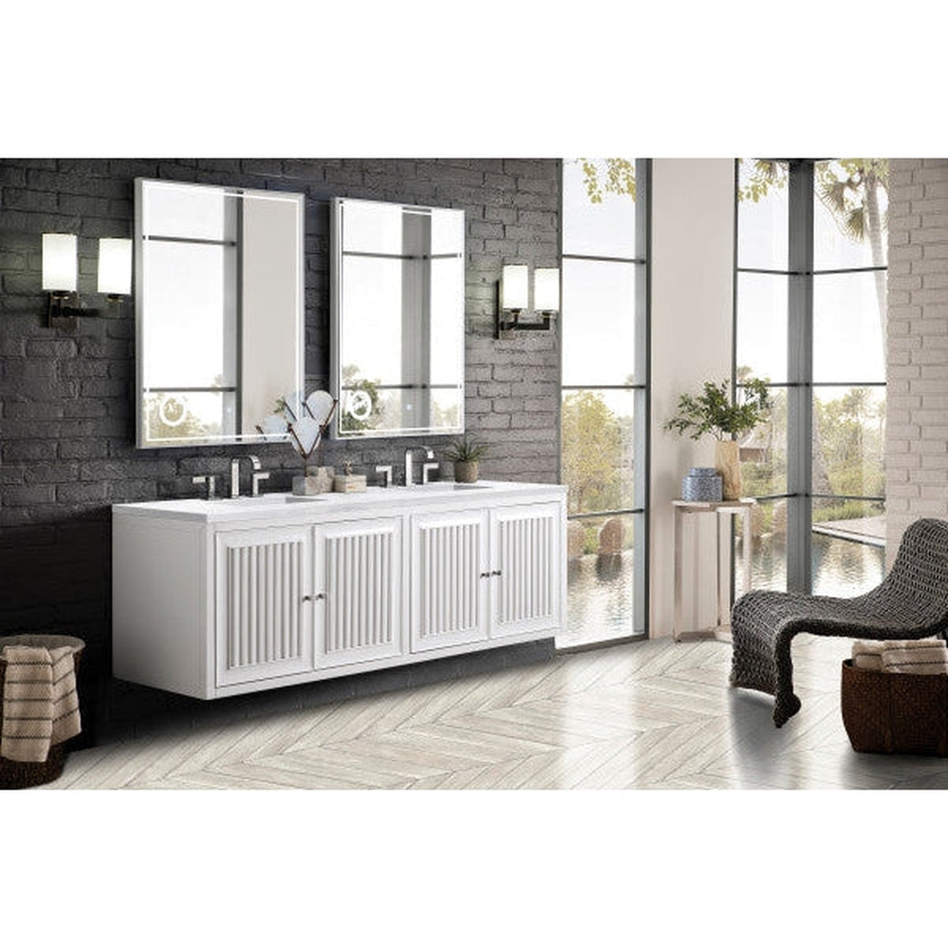 James Martin Athens 72" Double Glossy White Bathroom Vanity With 1" Arctic Fall Solid Surface Top and Rectangular Ceramic Sink