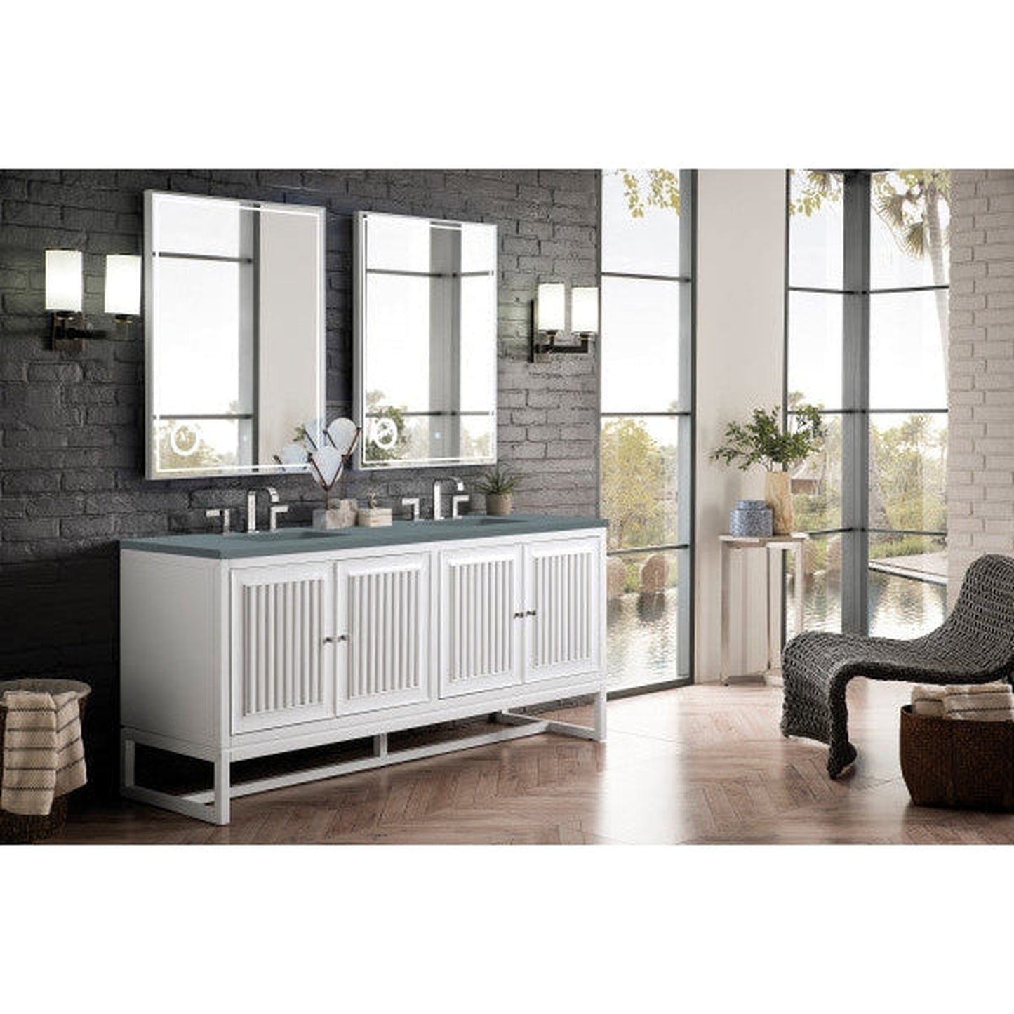 James Martin Athens 72" Double Glossy White Bathroom Vanity With 1" Cala Blue Quartz Top and Rectangular Ceramic Sink