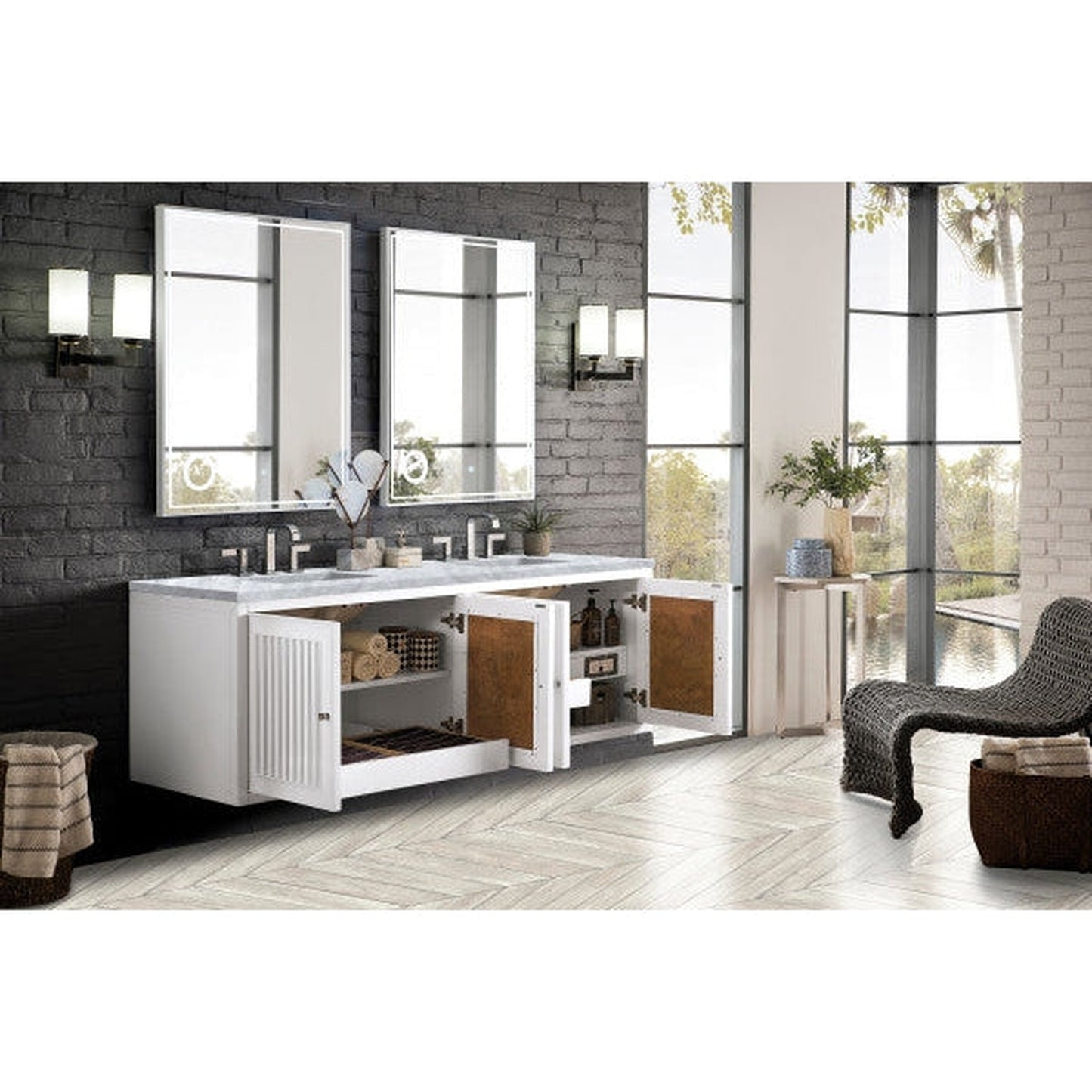 James Martin Athens 72" Double Glossy White Bathroom Vanity With 1" Carrara White Marble Top and Rectangular Ceramic Sink