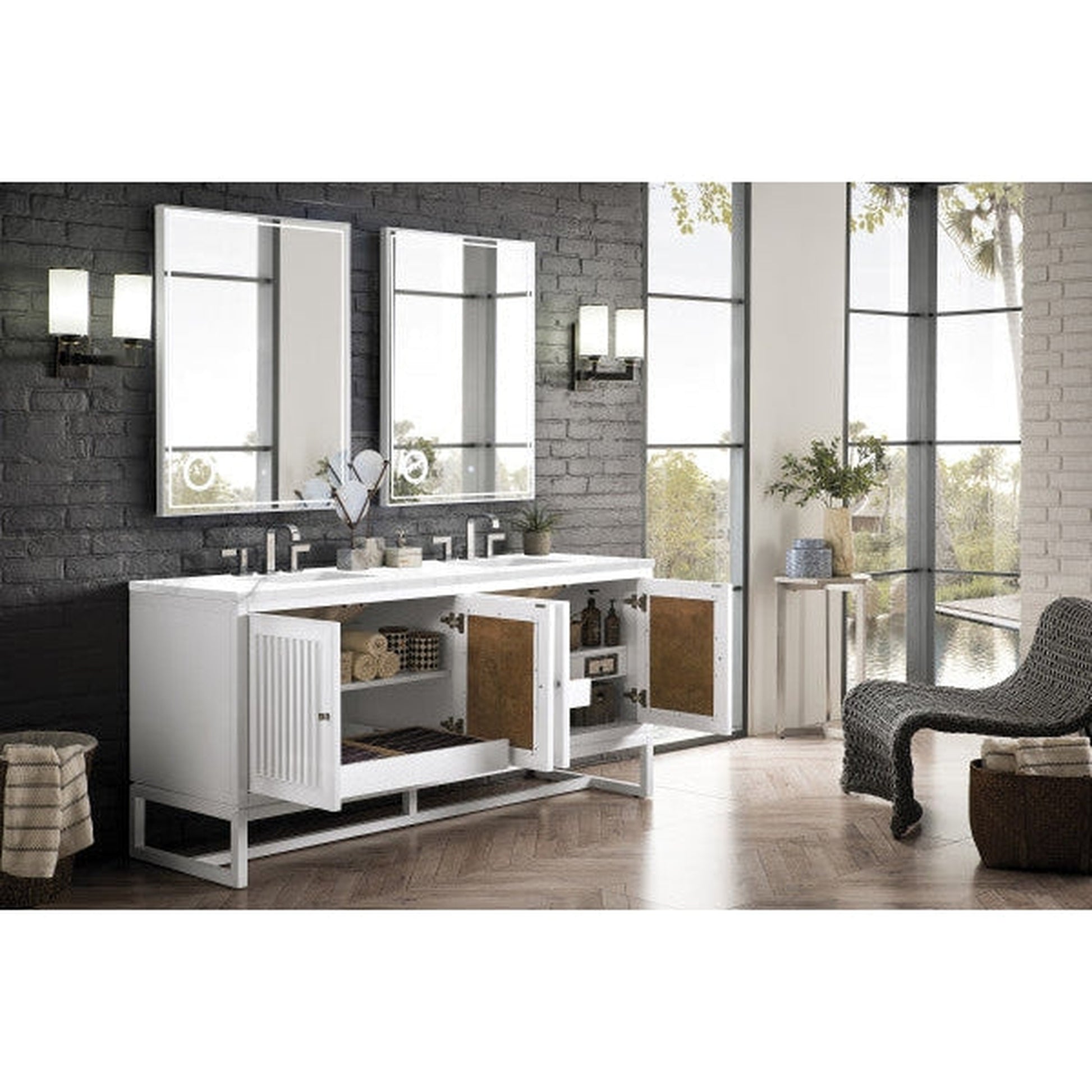 James Martin Athens 72" Double Glossy White Bathroom Vanity With 1" Carrara White Marble Top and Rectangular Ceramic Sink