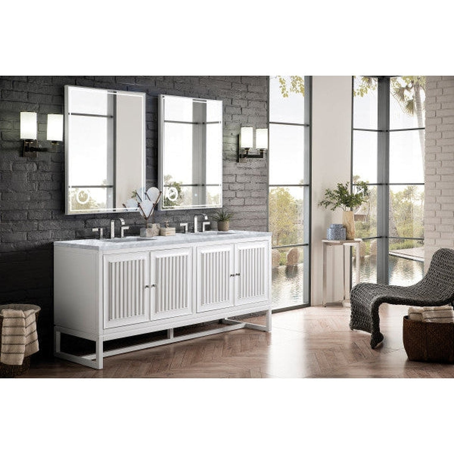 James Martin Athens 72" Double Glossy White Bathroom Vanity With 1" Carrara White Marble Top and Rectangular Ceramic Sink