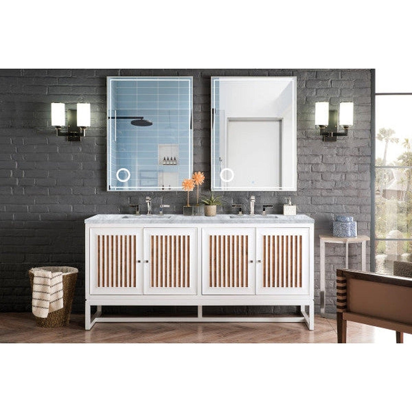 James Martin Athens 72" Double Glossy White Bathroom Vanity With 1" Carrara White Marble Top and Rectangular Ceramic Sink