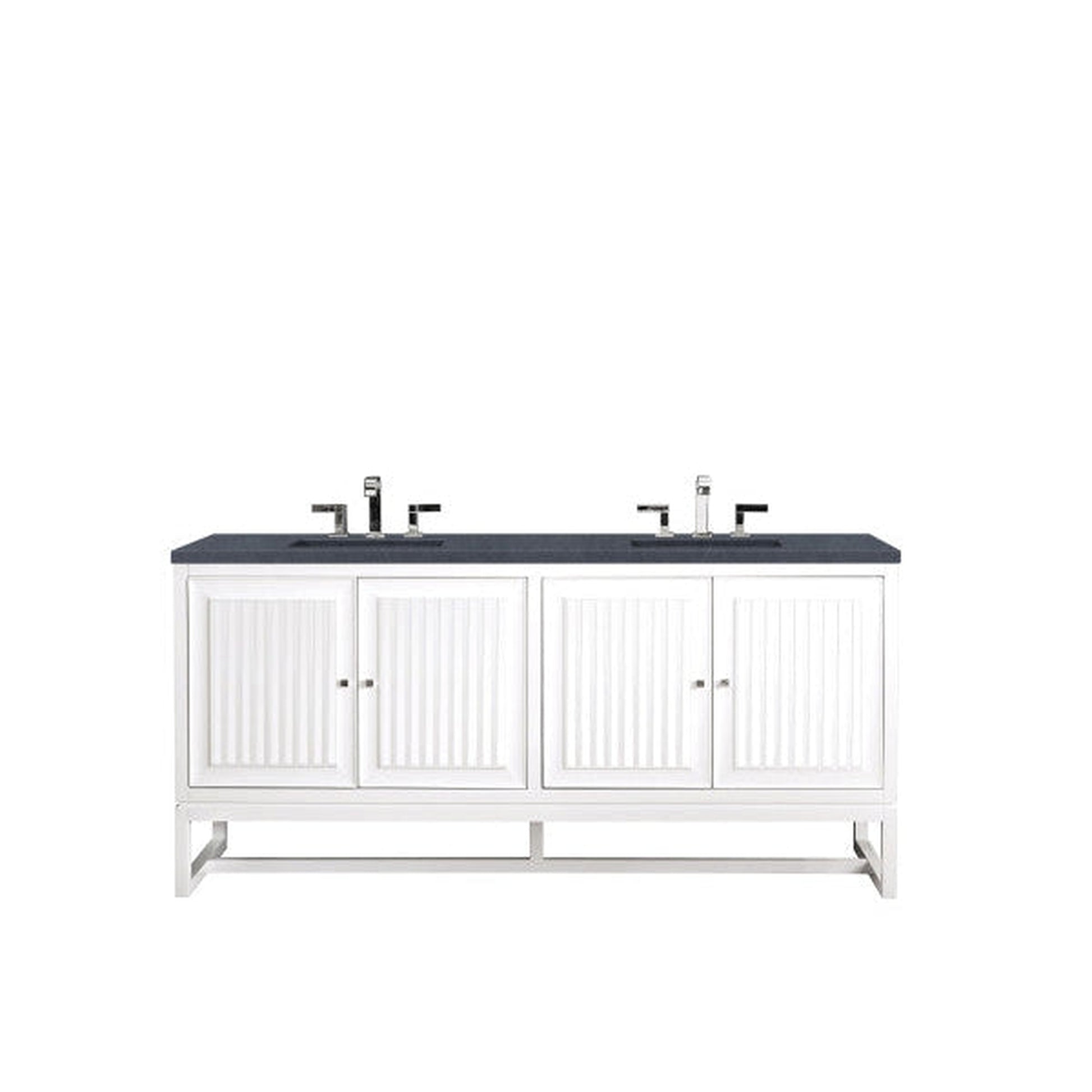 James Martin Athens 72" Double Glossy White Bathroom Vanity With 1" Charcoal Soapstone Quartz Top and Rectangular Ceramic Sink