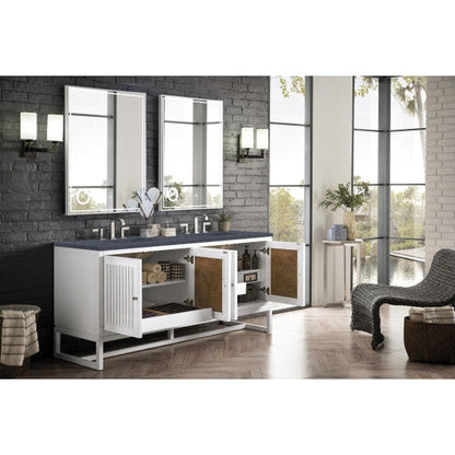 James Martin Athens 72" Double Glossy White Bathroom Vanity With 1" Charcoal Soapstone Quartz Top and Rectangular Ceramic Sink