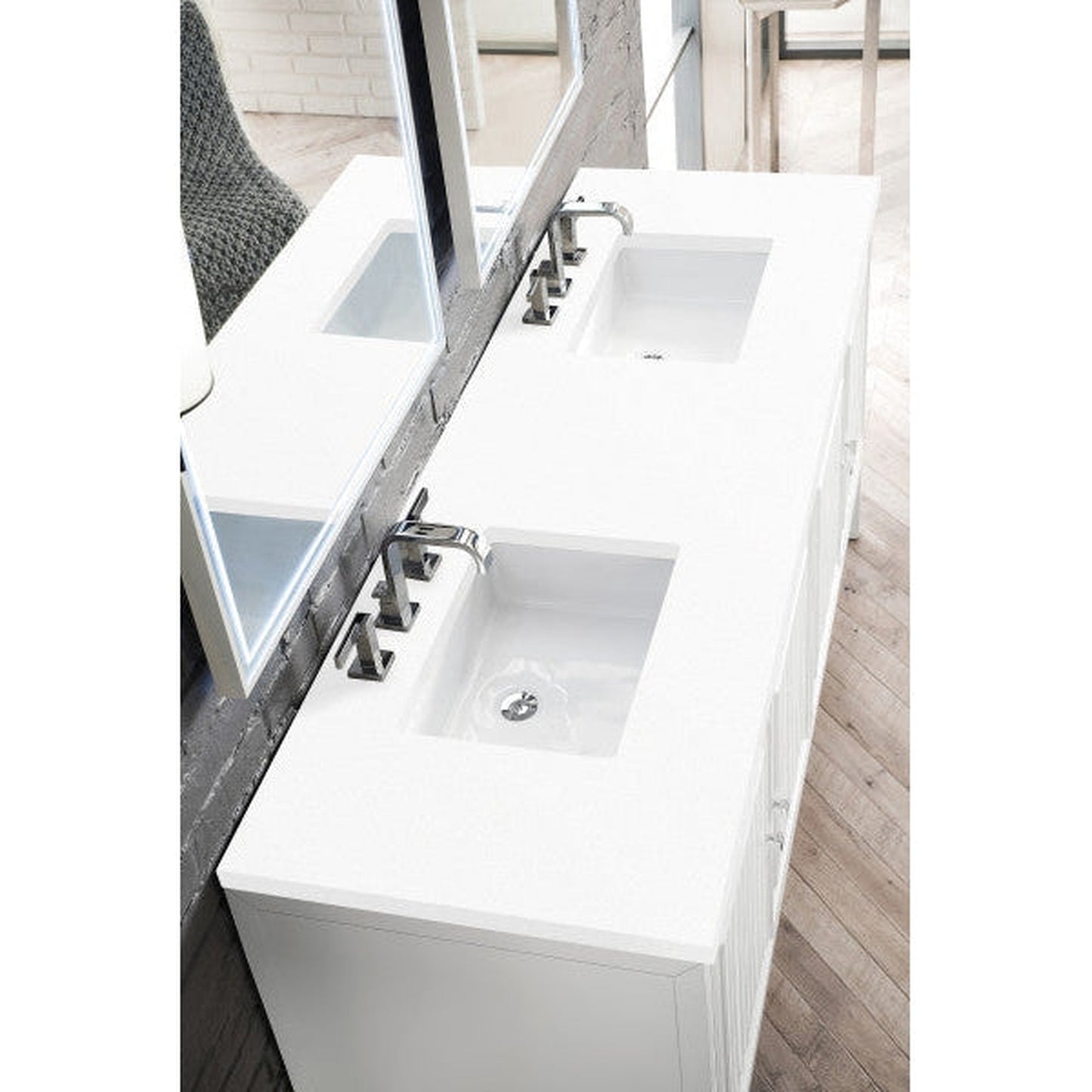 James Martin Athens 72" Double Glossy White Bathroom Vanity With 1" Classic White Quartz Top and Rectangular Ceramic Sink